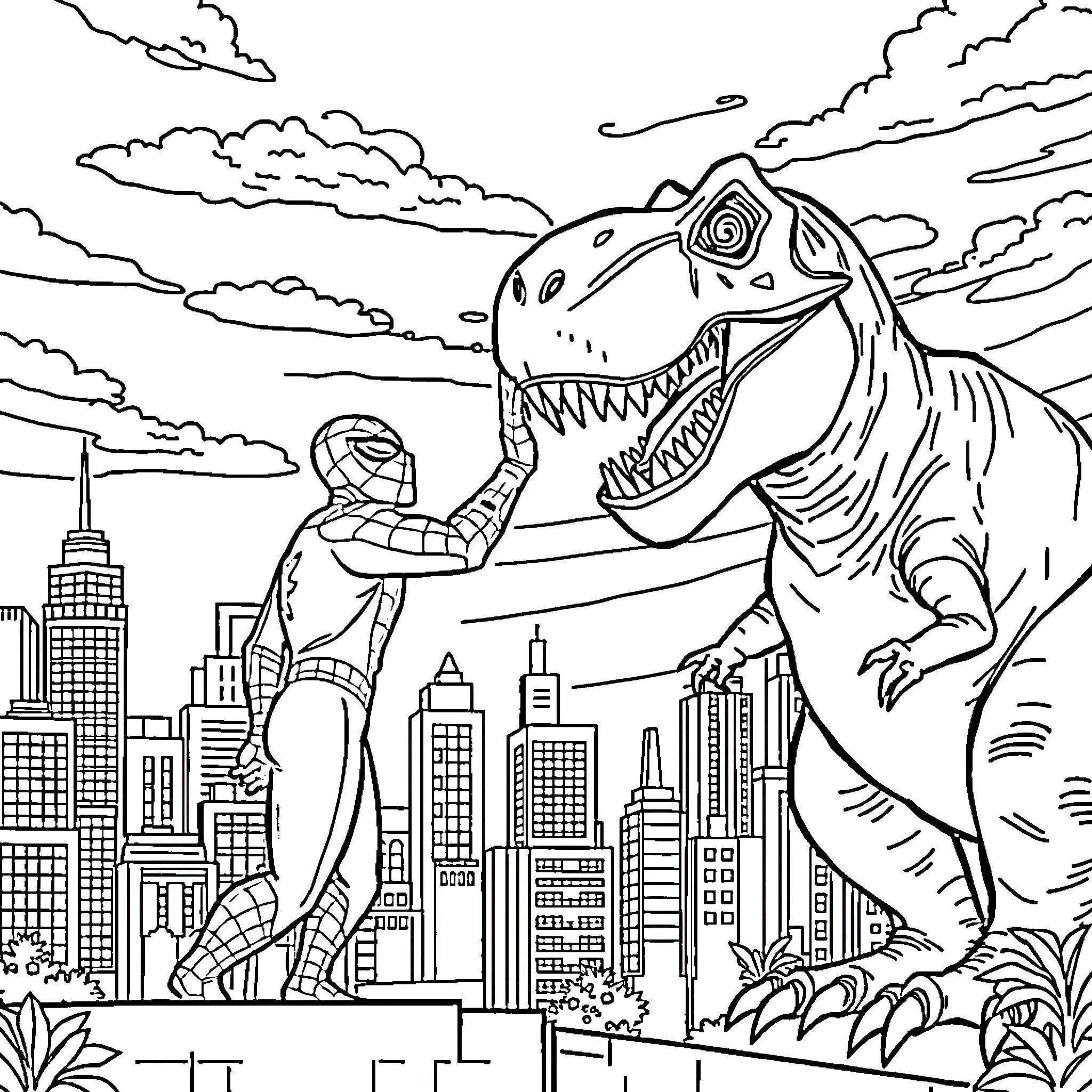 Spider-Man battling a giant dinosaur in the city Coloring Page (free black-and-white line drawing printable PDF for all, from beginners to advanced learners, including children, teens, adults, and seniors)