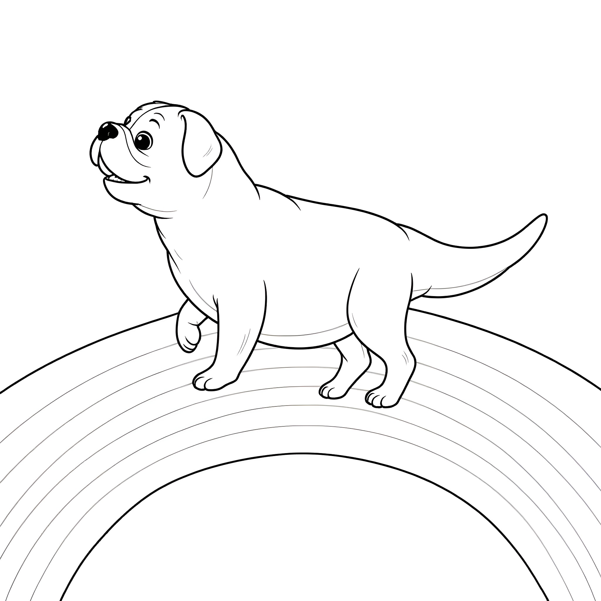 Pug playing on a rainbow Coloring Page (free black-and-white line drawing printable PDF for all, from beginners to advanced learners, including children, teens, adults, and seniors)