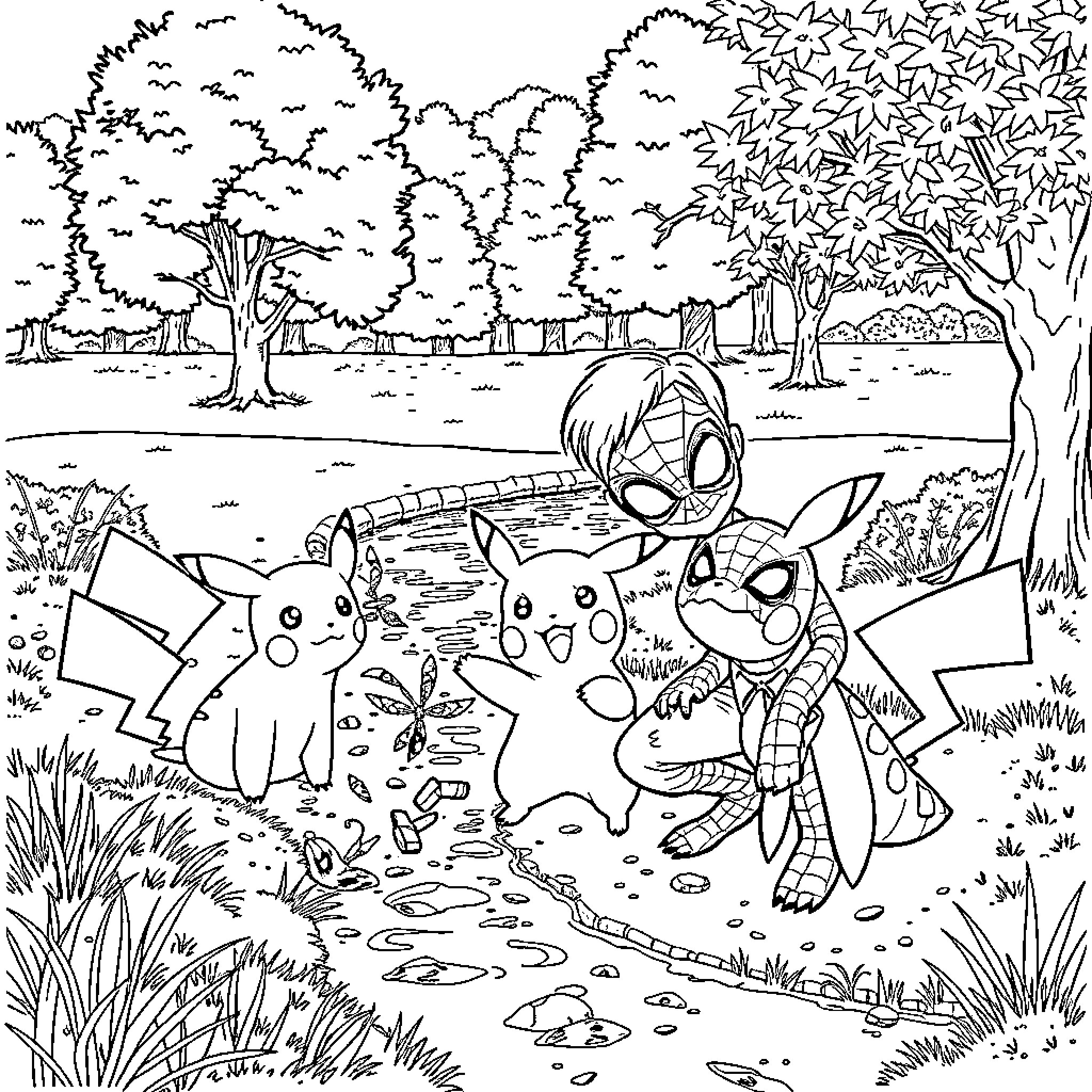 Kid Spiderman playing with Pokemon characters in nature Coloring Page (free black-and-white line drawing printable PDF for all, from beginners to advanced learners, including children, teens, adults, and seniors)