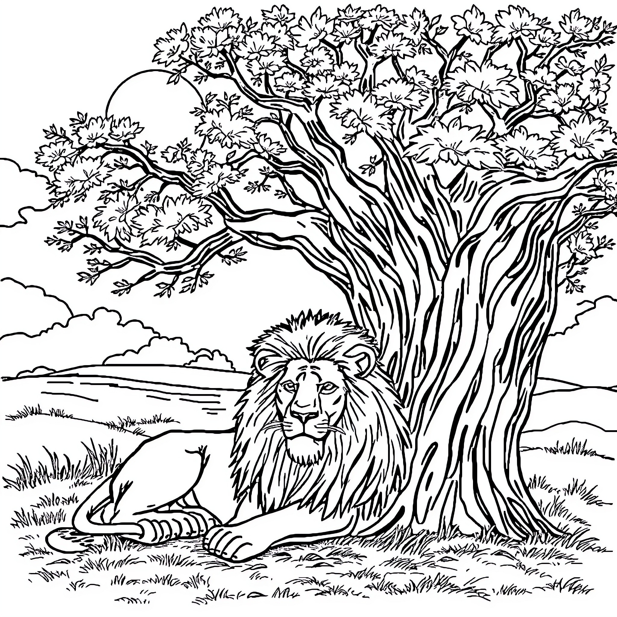 Lion resting under a majestic tree Coloring Page (free black-and-white line drawing printable PDF for all, from beginners to advanced learners, including children, teens, adults, and seniors)