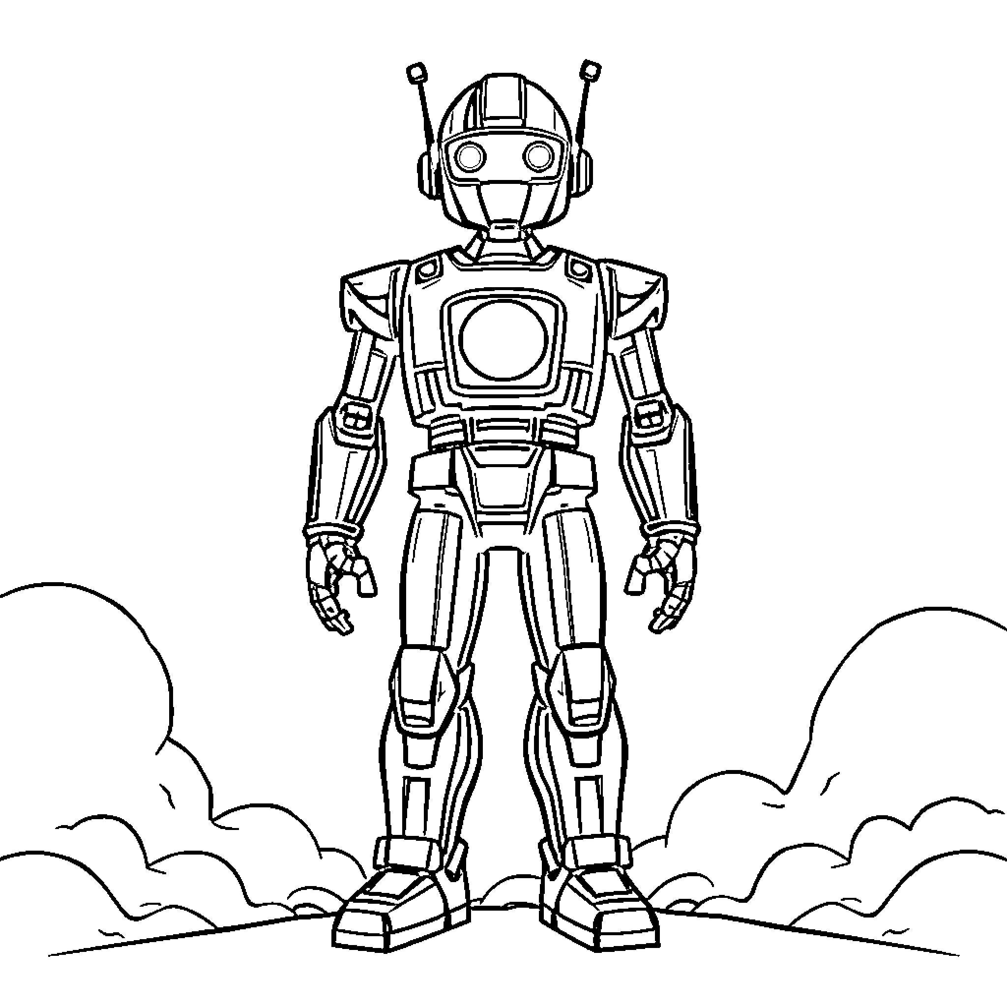 Robot standing tall in the clouds Coloring Page (free black-and-white line drawing printable PDF for all, from beginners to advanced learners, including children, teens, adults, and seniors)