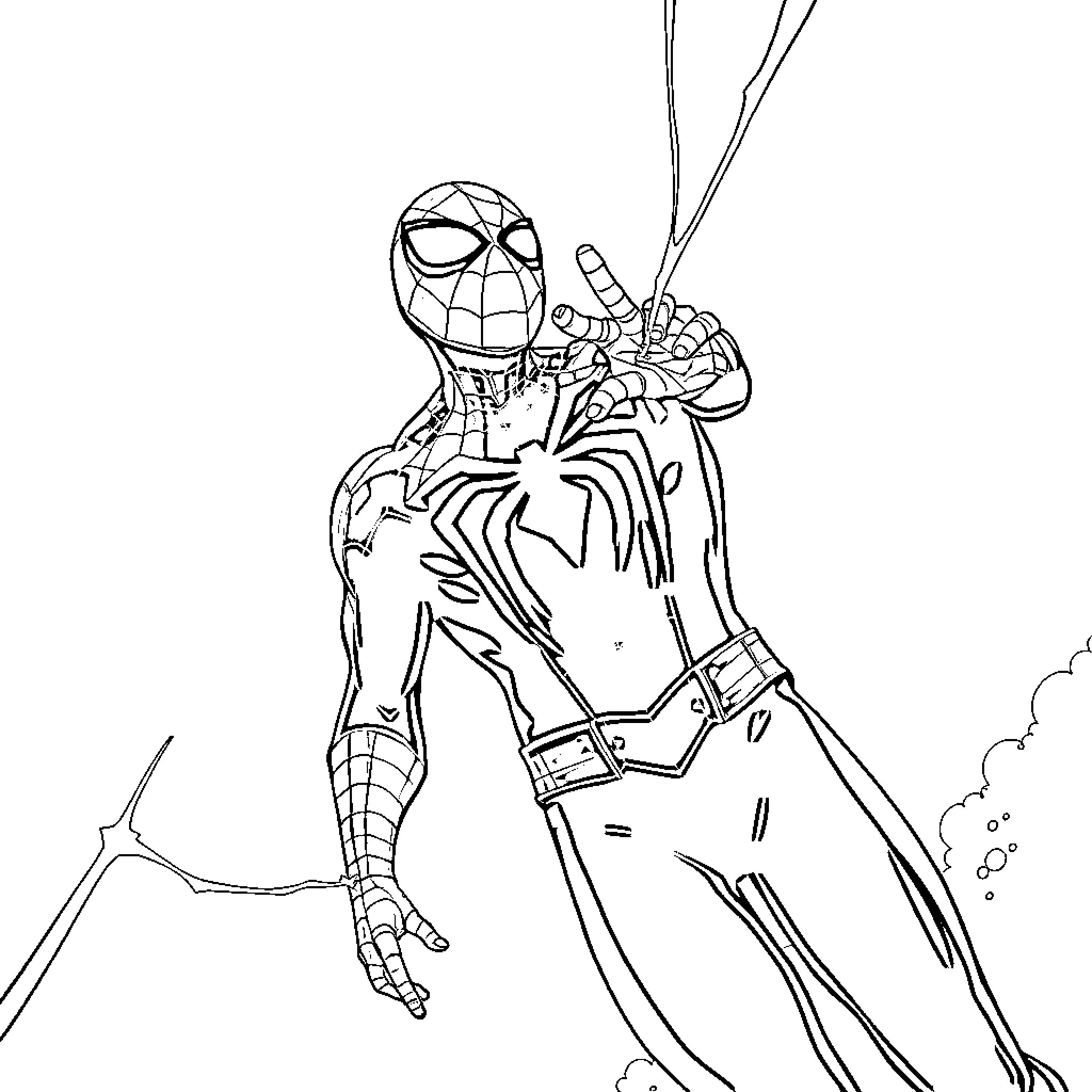 Spiderman swinging through the city with action and heroism Coloring Page (free black-and-white line drawing printable PDF for all, from beginners to advanced learners, including children, teens, adults, and seniors)