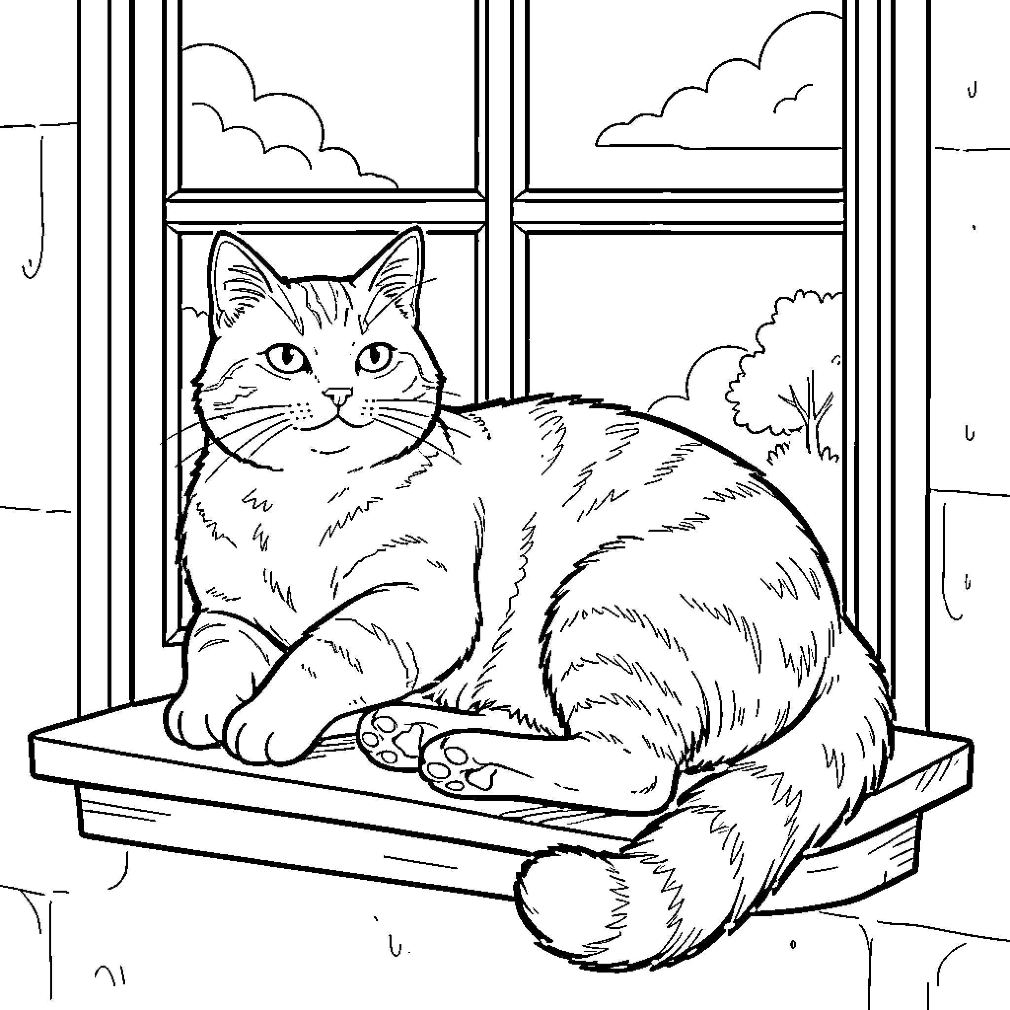 Cat relaxing on window sill Coloring Page (free black-and-white line drawing printable PDF for all, from beginners to advanced learners, including children, teens, adults, and seniors)