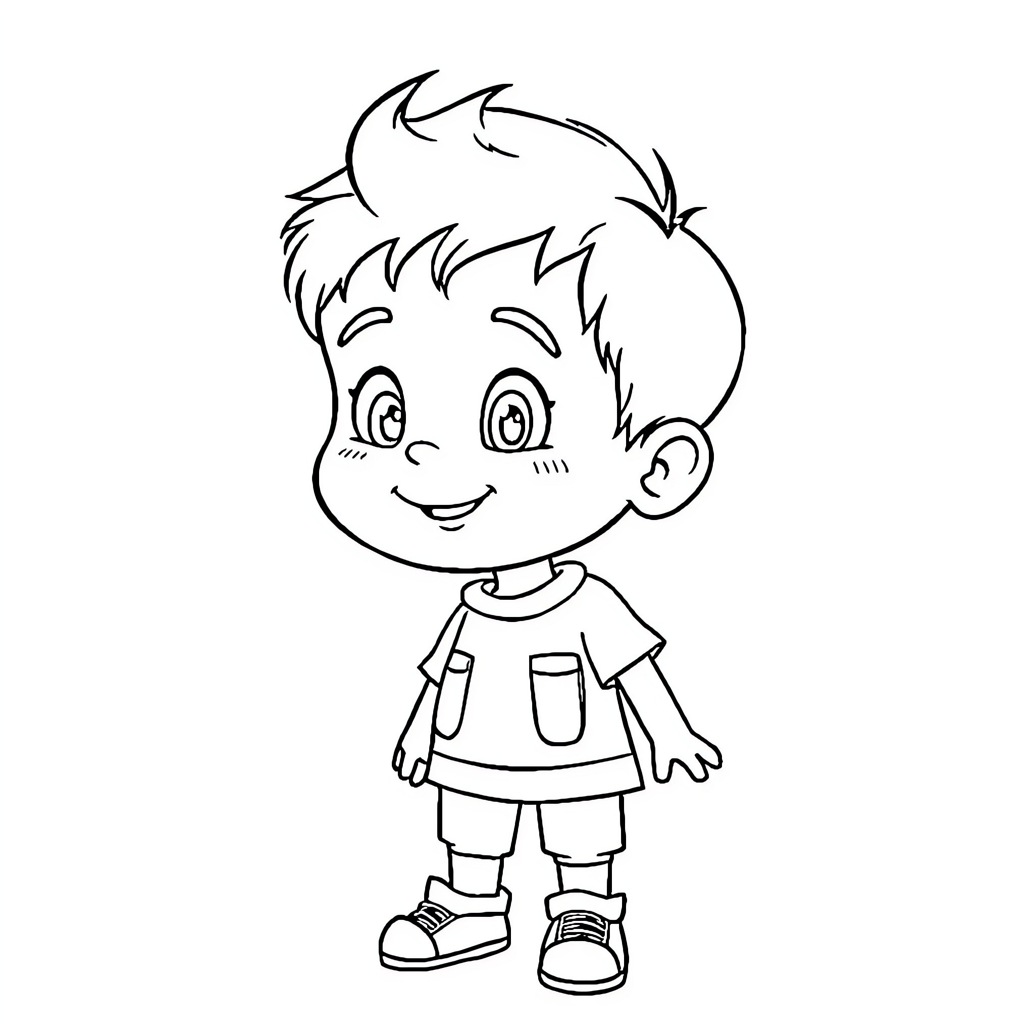 Boy with a cheerful expression and casual outfit Coloring Page (free black-and-white line drawing printable PDF for all, from beginners to advanced learners, including children, teens, adults, and seniors)