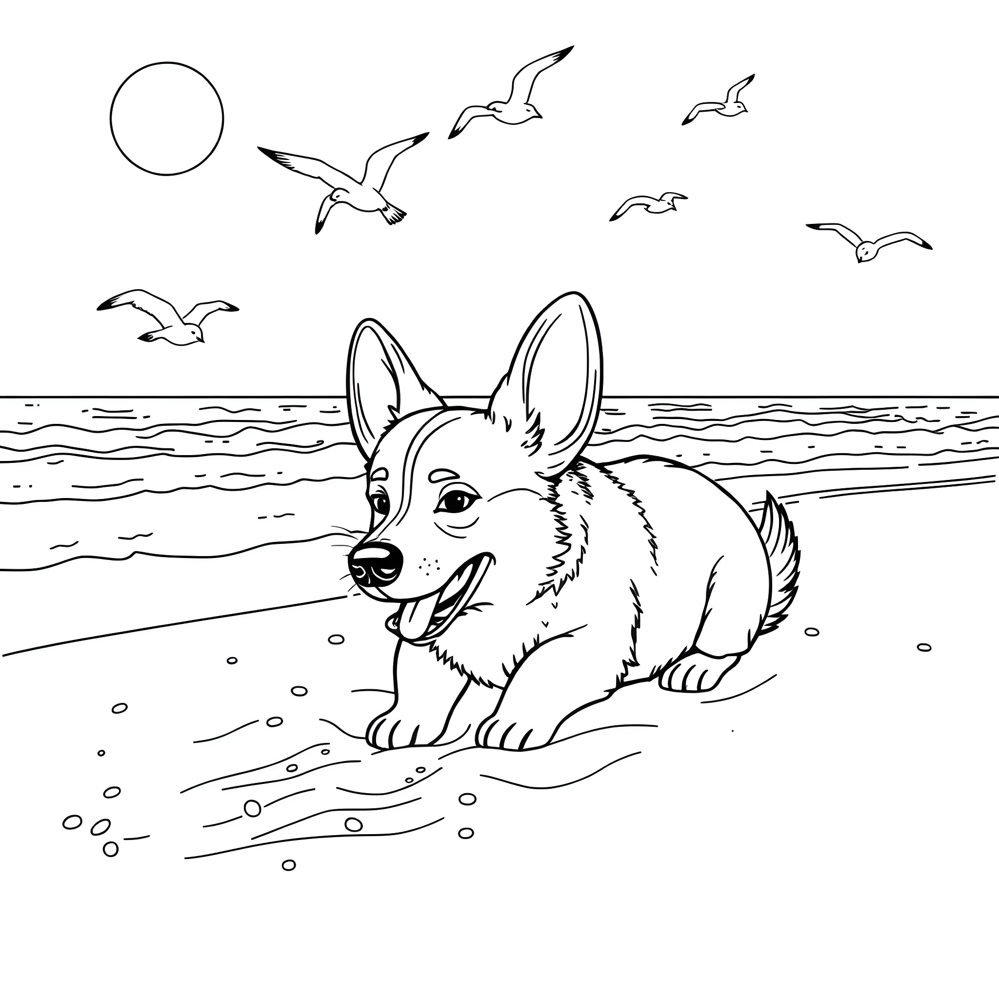 Corgi enjoying the beach with seagulls Coloring Page (free black-and-white line drawing printable PDF for all, from beginners to advanced learners, including children, teens, adults, and seniors)