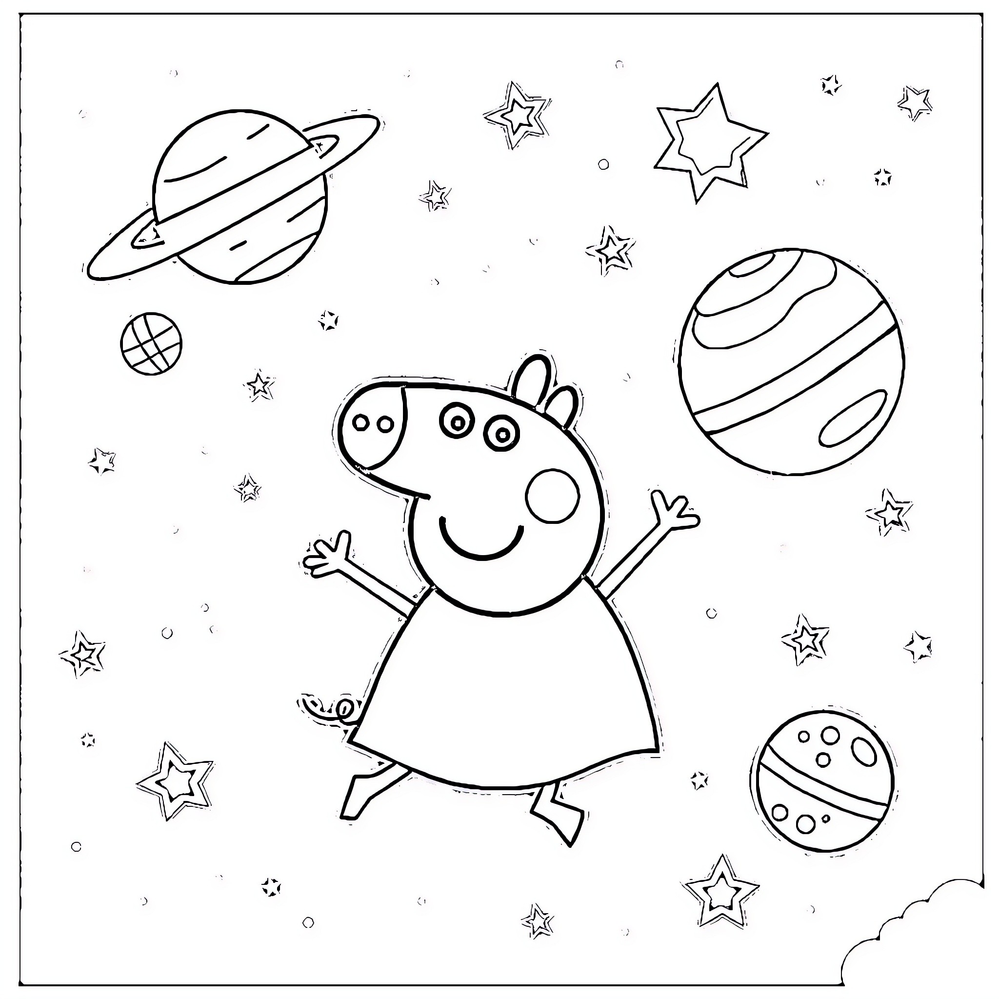 Peppa Pig exploring the starry galaxy Coloring Page (free black-and-white line drawing printable PDF for all, from beginners to advanced learners, including children, teens, adults, and seniors)