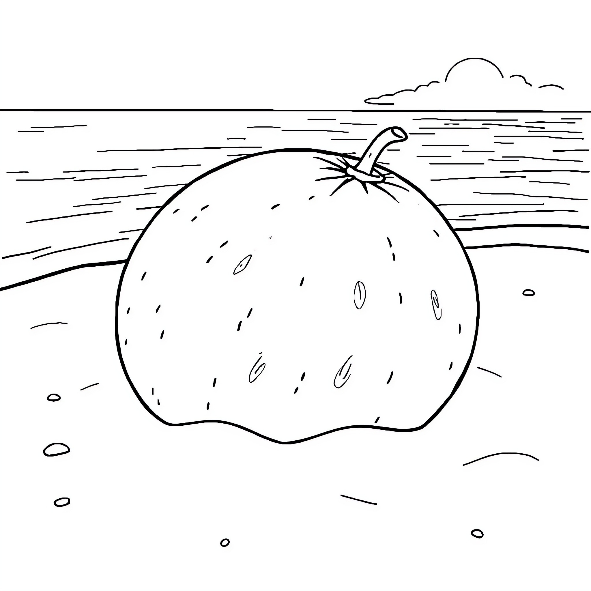 Watermelon resting on the beach Coloring Page (free black-and-white line drawing printable PDF for all, from beginners to advanced learners, including children, teens, adults, and seniors)