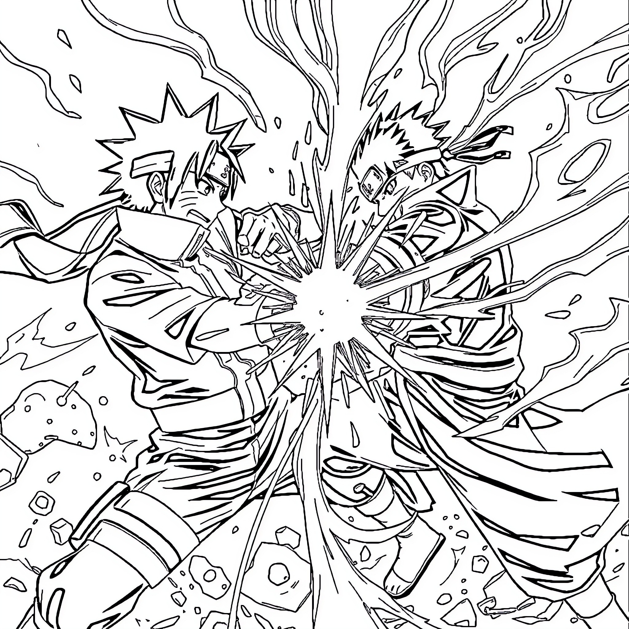 Naruto in Epic Battle Explosion Coloring Page (free black-and-white line drawing printable PDF for all, from beginners to advanced learners, including children, teens, adults, and seniors)