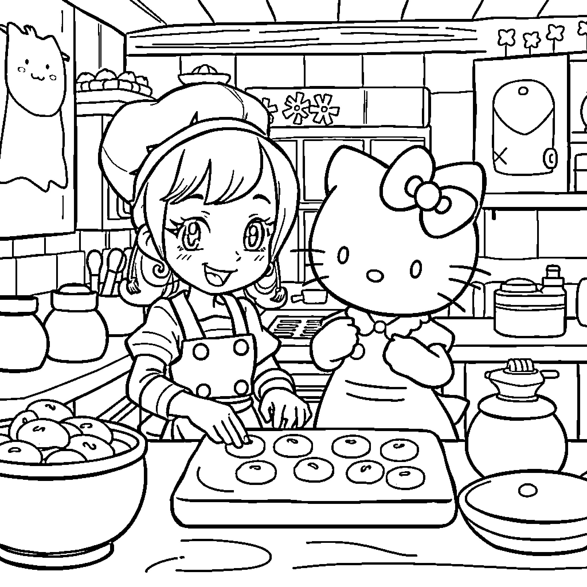 Anya and Hello Kitty Baking Together in the Kitchen Coloring Page (free black-and-white line drawing printable PDF for all, from beginners to advanced learners, including children, teens, adults, and seniors)