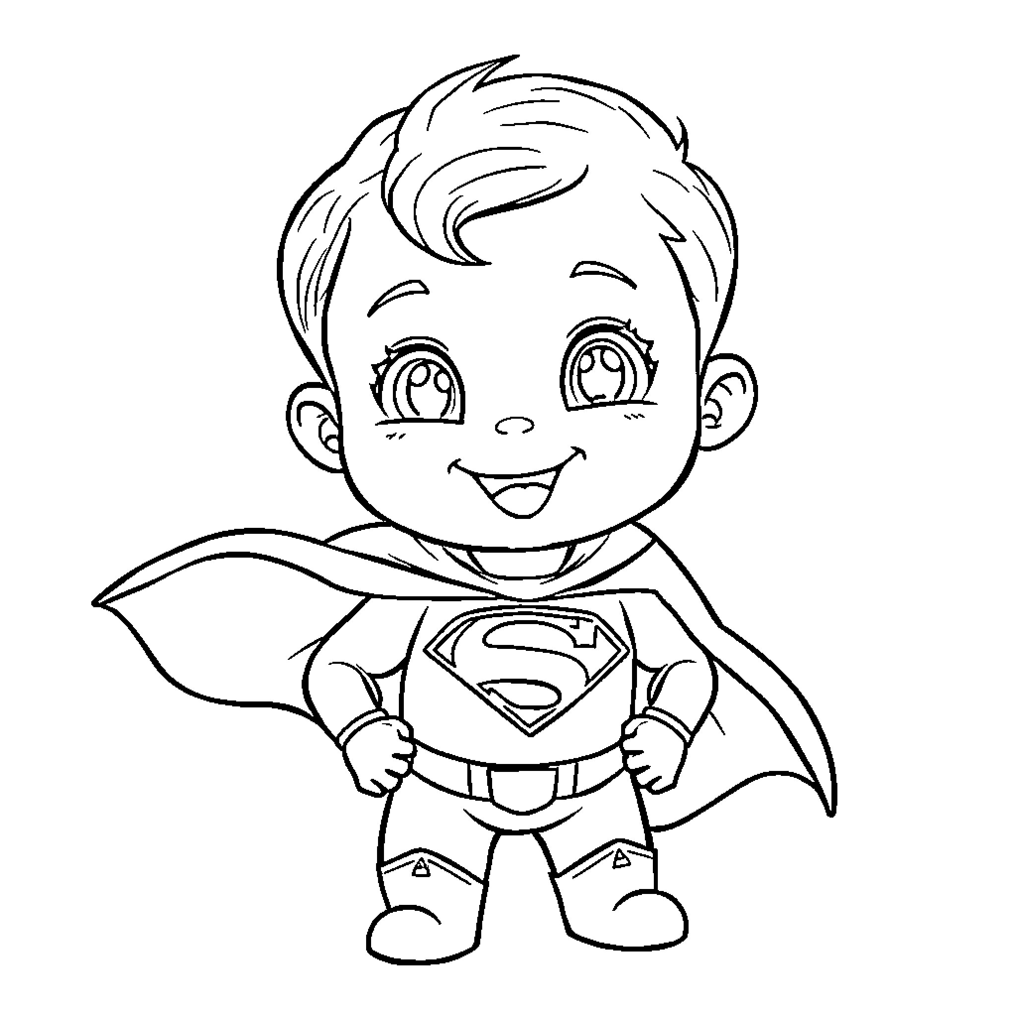 Superman in a cheerful and energetic pose Coloring Page (free black-and-white line drawing printable PDF for all, from beginners to advanced learners, including children, teens, adults, and seniors)