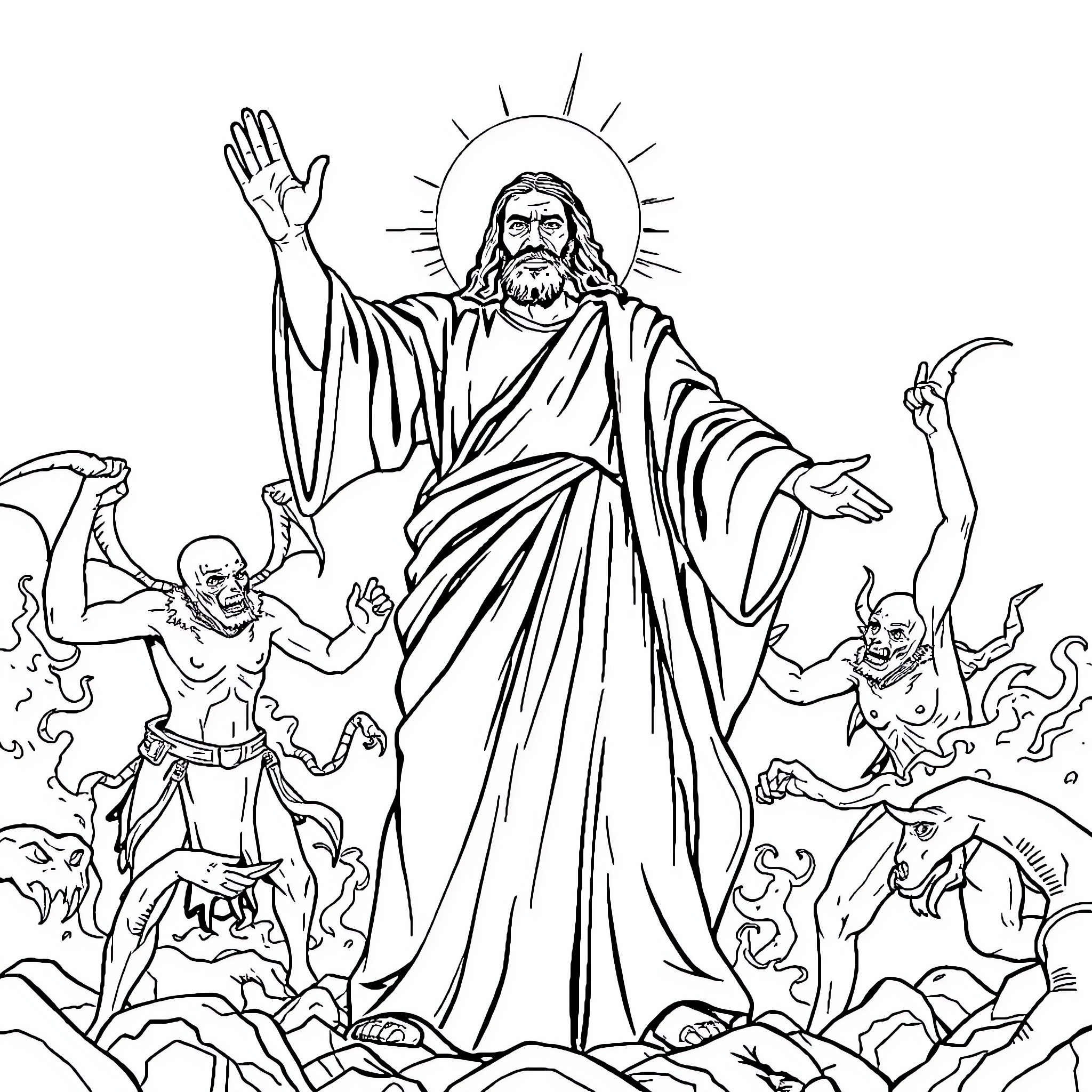 Jesus Triumphs Over Temptation and Evil Coloring Page (free black-and-white line drawing printable PDF for all, from beginners to advanced learners, including children, teens, adults, and seniors)