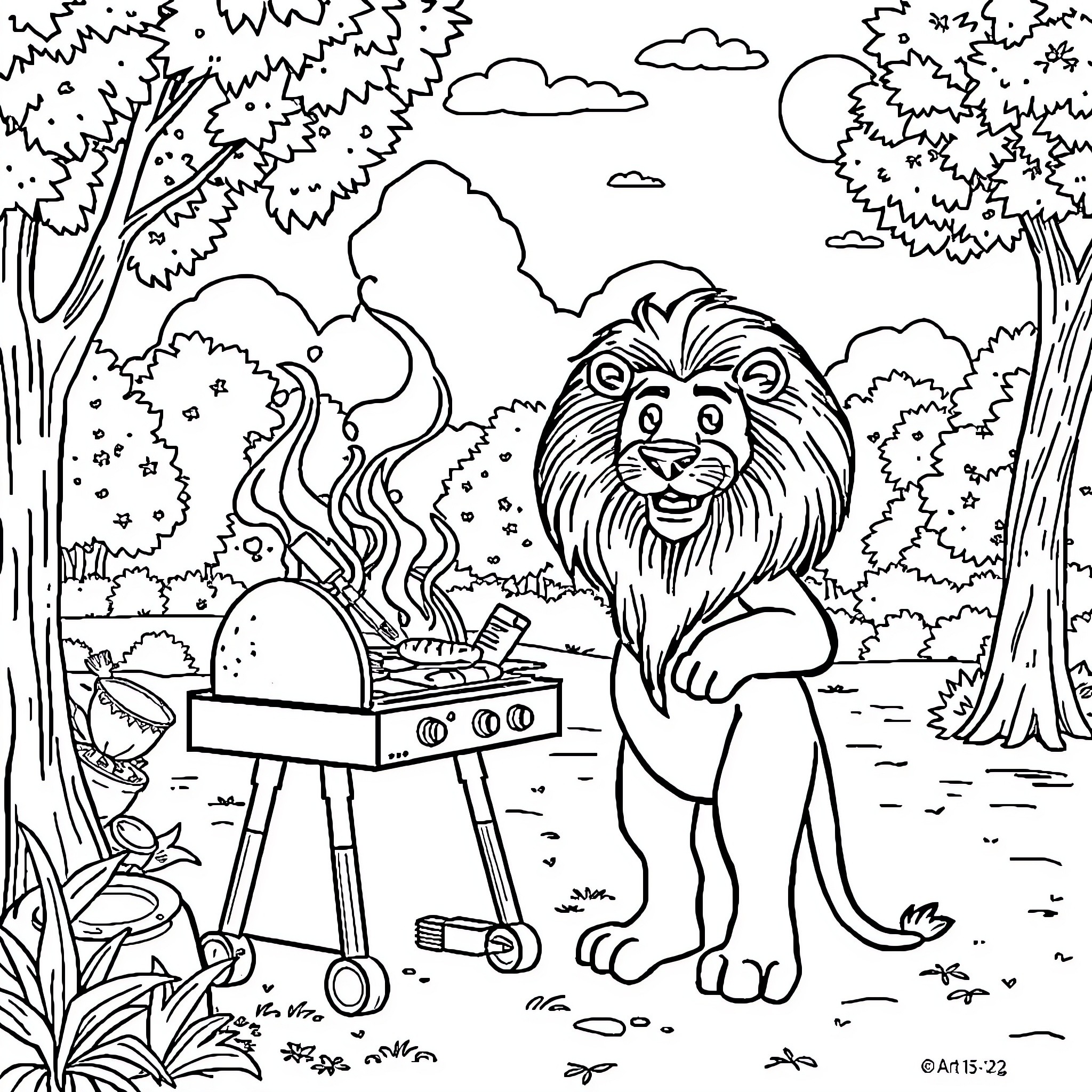 Lion cooking in the forest Coloring Page (free black-and-white line drawing printable PDF for all, from beginners to advanced learners, including children, teens, adults, and seniors)