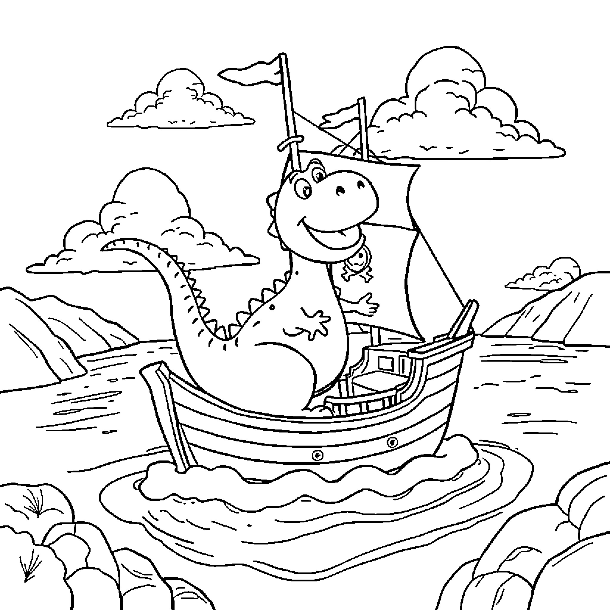 Dinosaur sailing boat adventure in the clouds Coloring Page (free black-and-white line drawing printable PDF for all, from beginners to advanced learners, including children, teens, adults, and seniors)