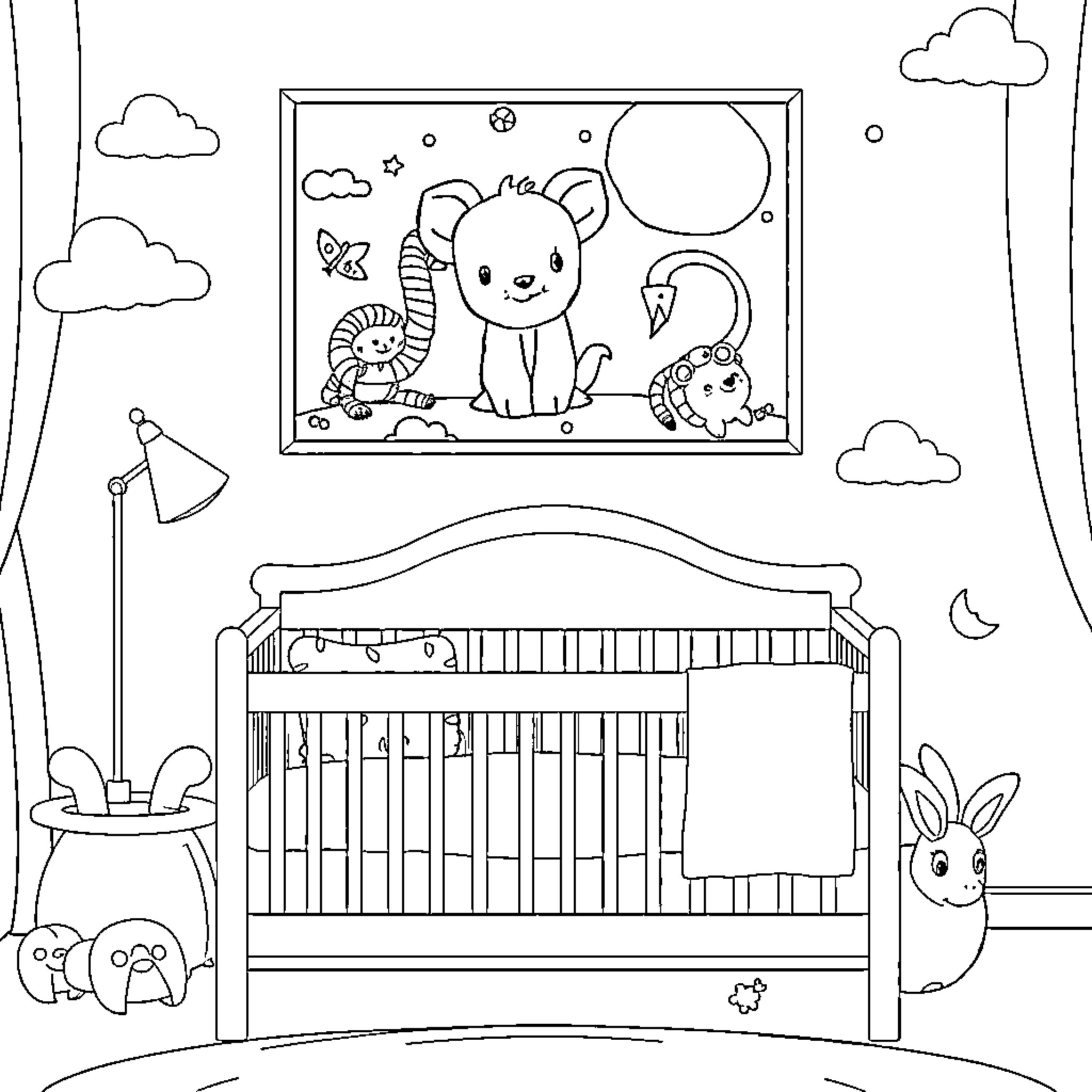 Baby Room with Playful Animal Characters Coloring Page (free black-and-white line drawing printable PDF for all, from beginners to advanced learners, including children, teens, adults, and seniors)