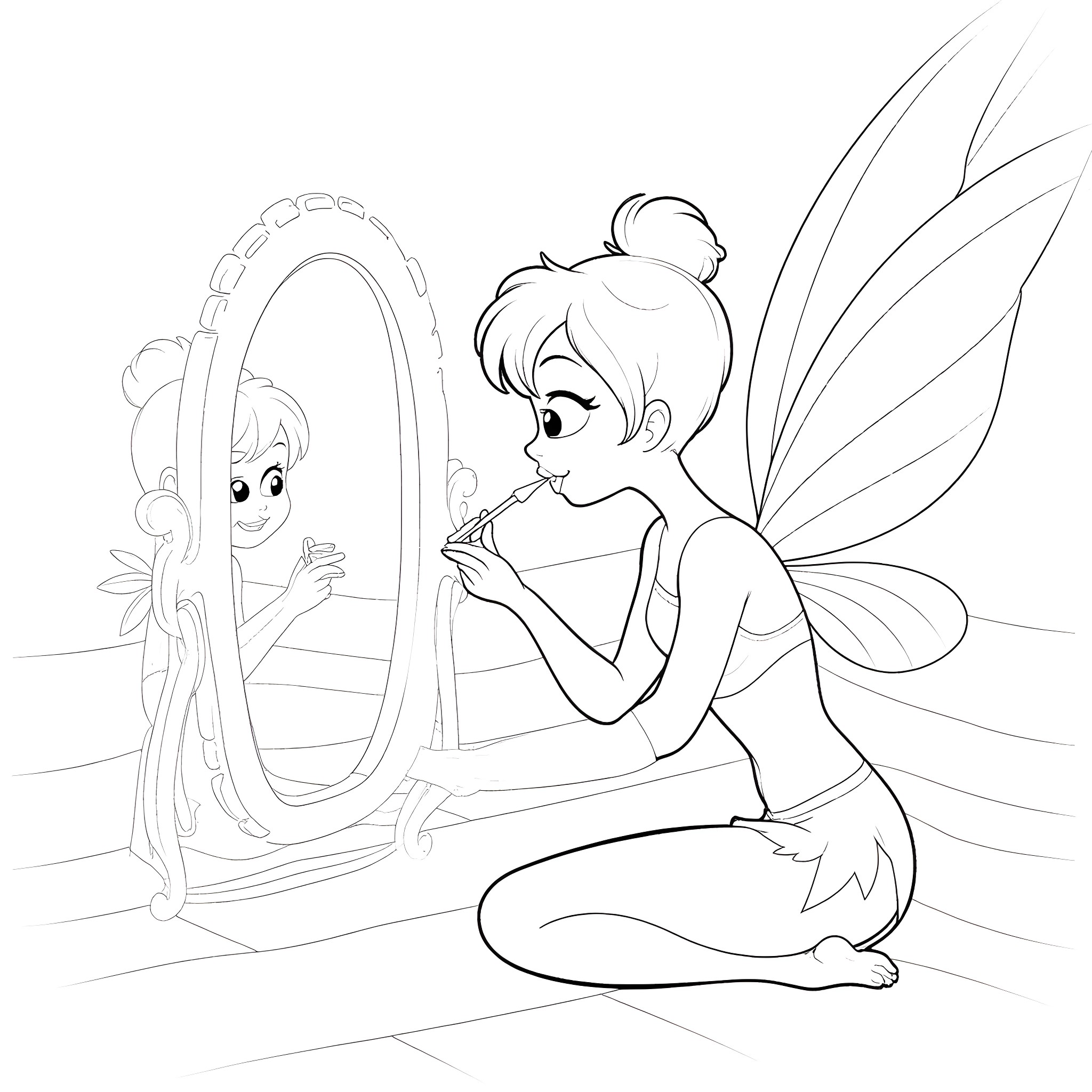 Tinkerbell Admiring Her Reflection in the Mirror Coloring Page (free black-and-white line drawing printable PDF for all, from beginners to advanced learners, including children, teens, adults, and seniors)