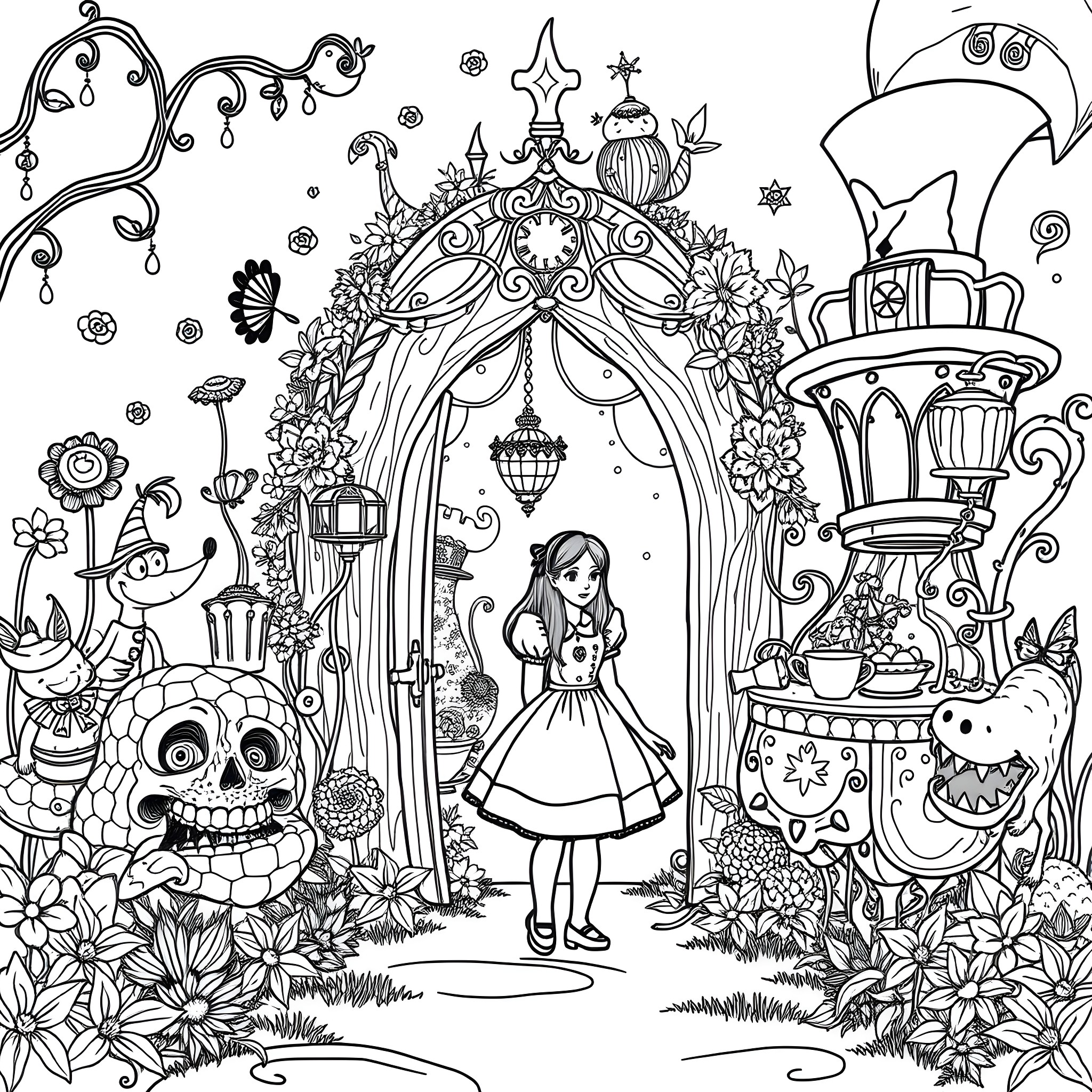 Alice in a whimsical wonderland garden Coloring Page (free black-and-white line drawing printable PDF for all, from beginners to advanced learners, including children, teens, adults, and seniors)