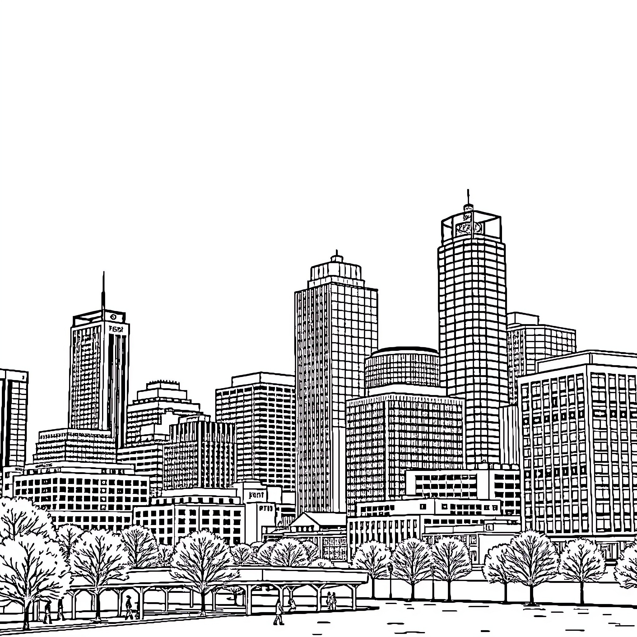 City skyline with modern architecture and urban landscape Coloring Page (free black-and-white line drawing printable PDF for all, from beginners to advanced learners, including children, teens, adults, and seniors)