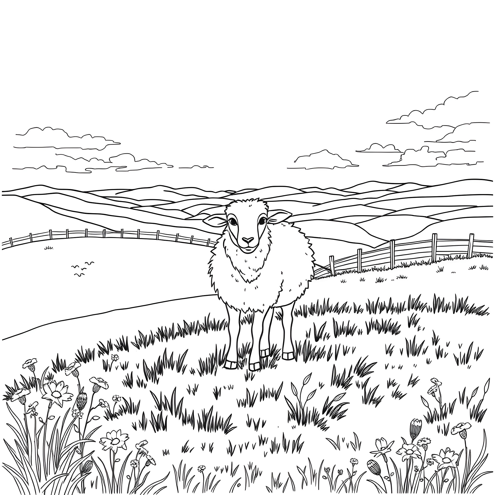 Sheep in a scenic countryside landscape Coloring Page (free black-and-white line drawing printable PDF for all, from beginners to advanced learners, including children, teens, adults, and seniors)