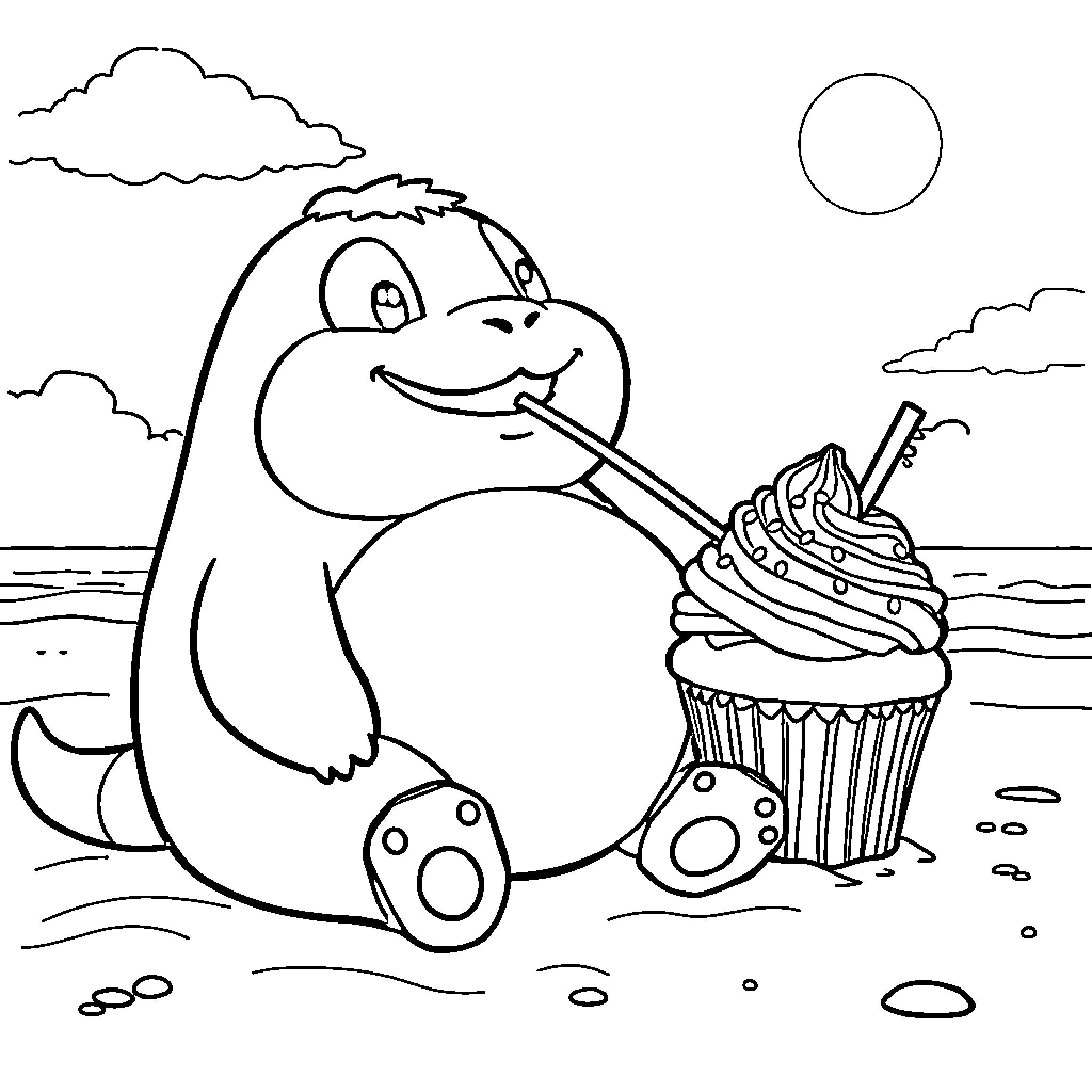 Snorlax relaxing and enjoying a cupcake at the beach Coloring Page (free black-and-white line drawing printable PDF for all, from beginners to advanced learners, including children, teens, adults, and seniors)