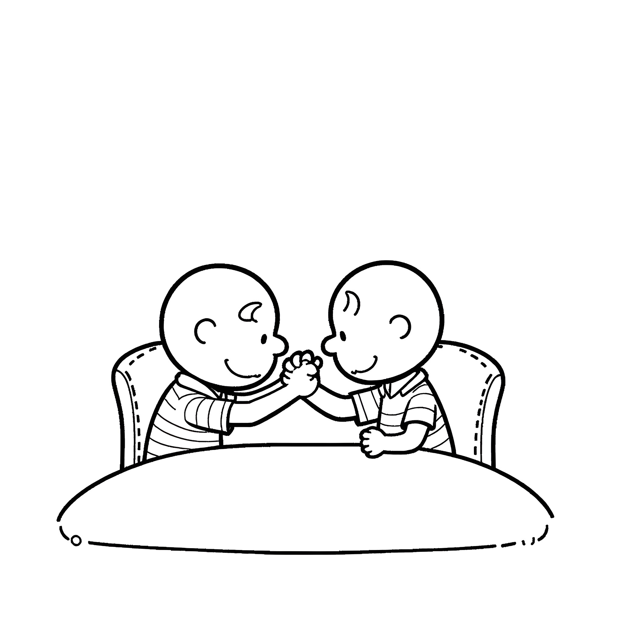 Charlie Brown and friend sharing a friendly handshake Coloring Page (free black-and-white line drawing printable PDF for all, from beginners to advanced learners, including children, teens, adults, and seniors)