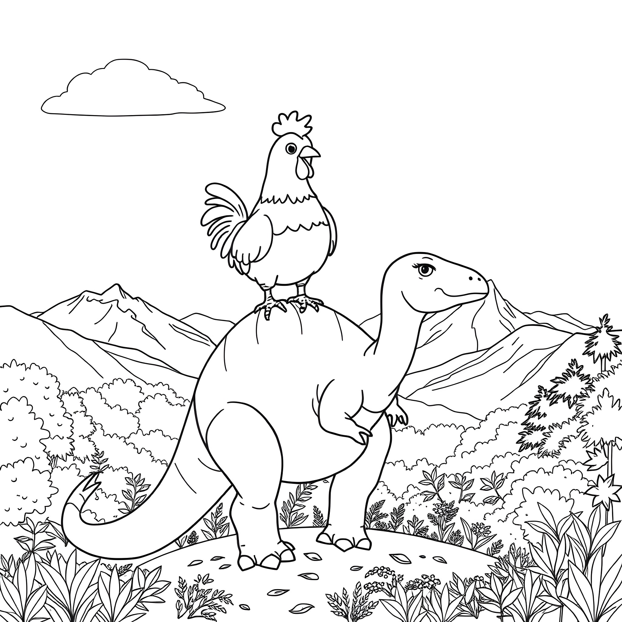 Chicken and Dinosaur explore the Mountainous Landscape Coloring Page (free black-and-white line drawing printable PDF for all, from beginners to advanced learners, including children, teens, adults, and seniors)