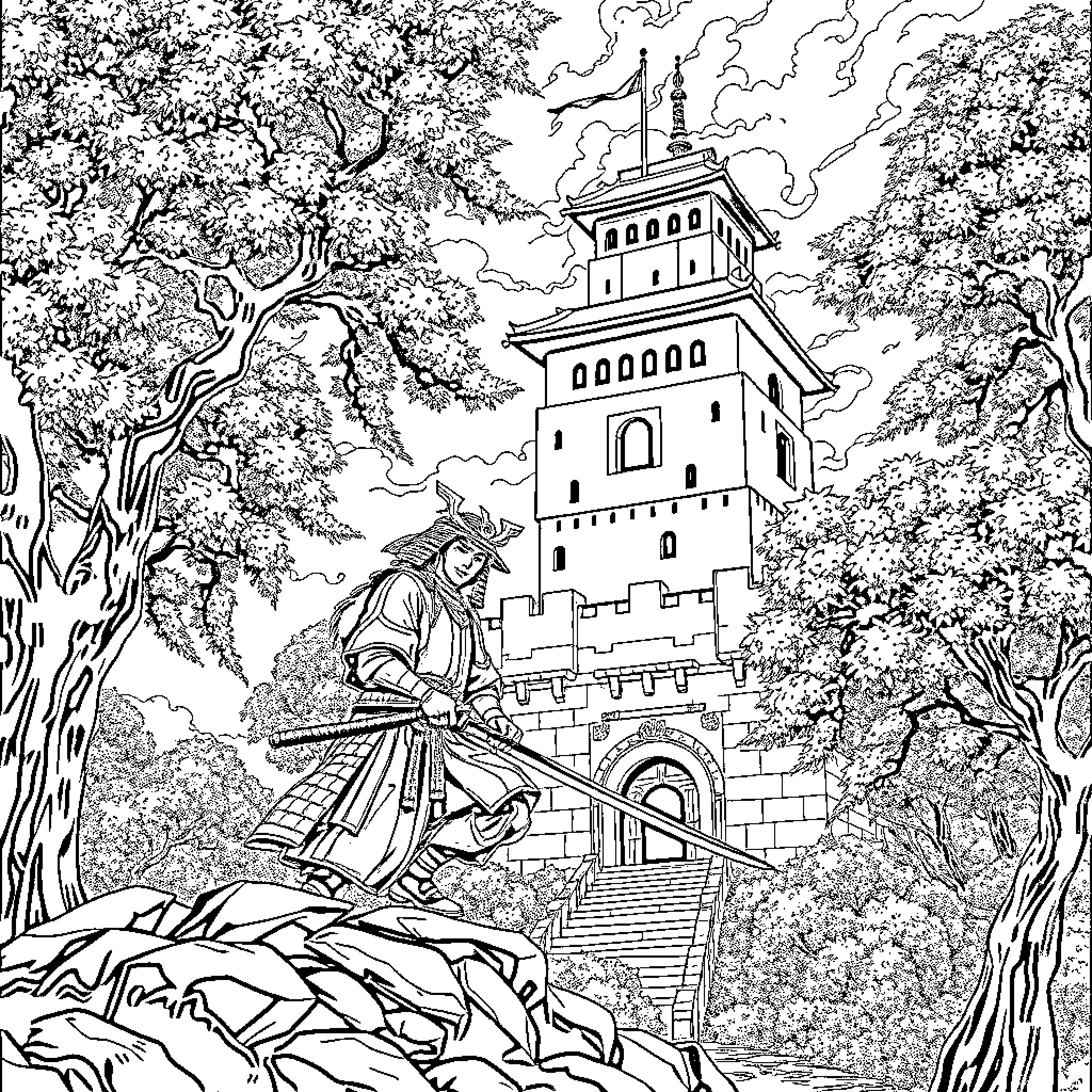 Samurai Warrior Guarding Majestic Castle Coloring Page (free black-and-white line drawing printable PDF for all, from beginners to advanced learners, including children, teens, adults, and seniors)