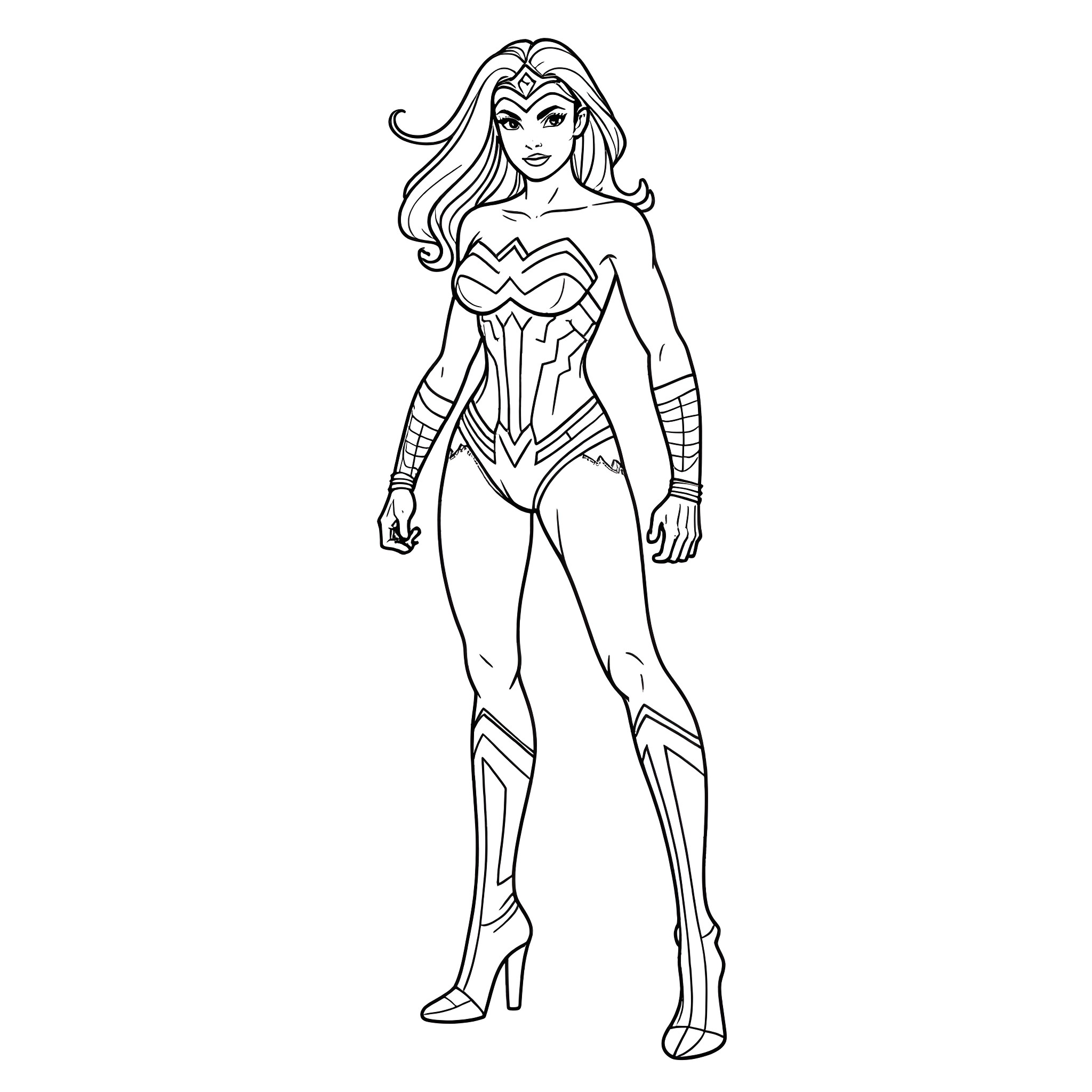 Wonder Woman in heroic action pose Coloring Page (free black-and-white line drawing printable PDF for all, from beginners to advanced learners, including children, teens, adults, and seniors)