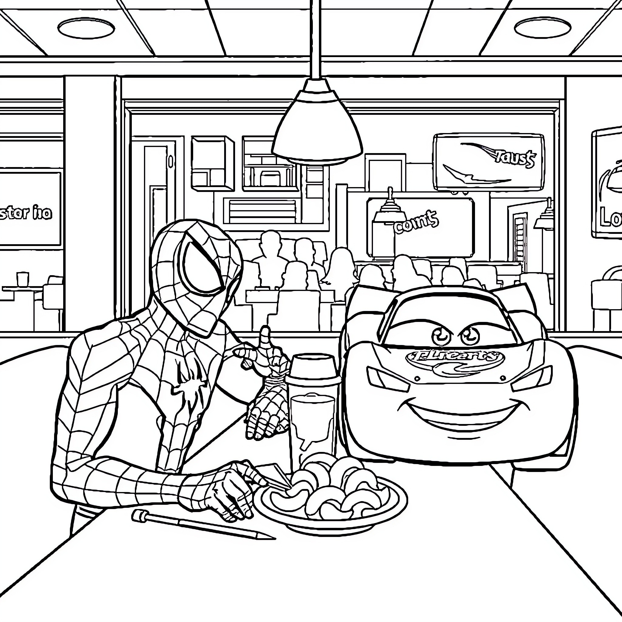 Spiderman and Cars character in a store setting Coloring Page (free black-and-white line drawing printable PDF for all, from beginners to advanced learners, including children, teens, adults, and seniors)