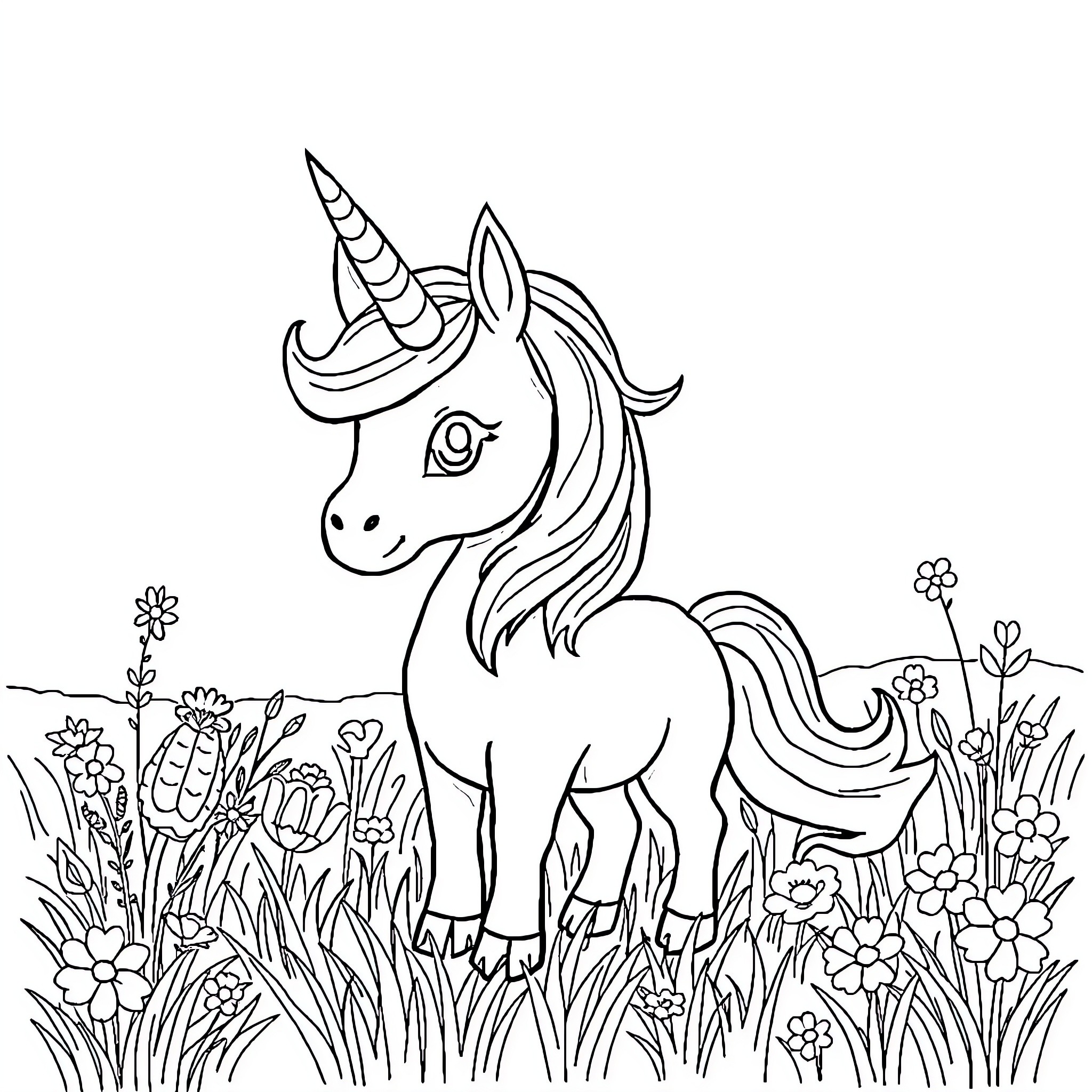 Unicorn standing among flowers in a field Coloring Page (free black-and-white line drawing printable PDF for all, from beginners to advanced learners, including children, teens, adults, and seniors)