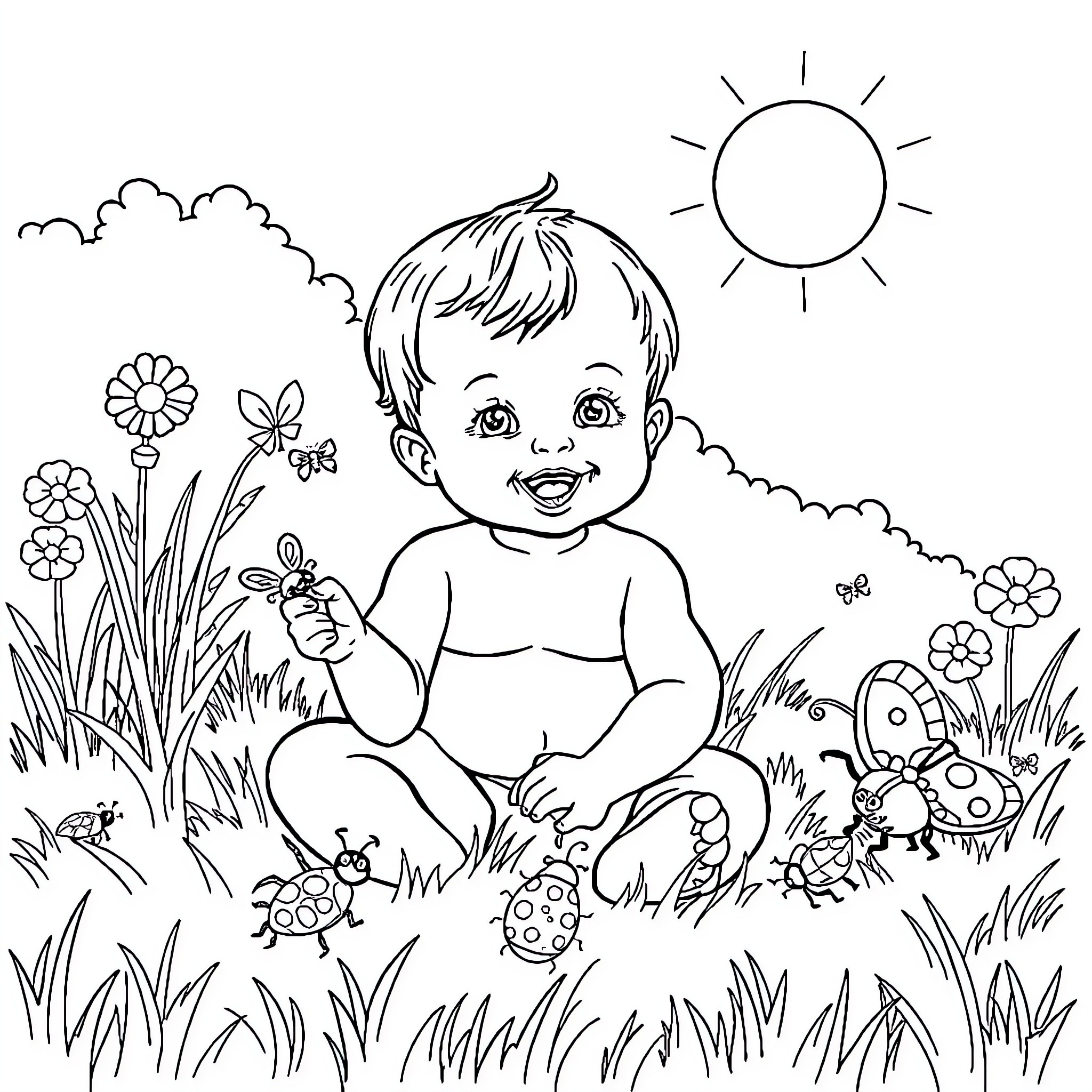 Baby playing happily in the garden Coloring Page (free black-and-white line drawing printable PDF for all, from beginners to advanced learners, including children, teens, adults, and seniors)