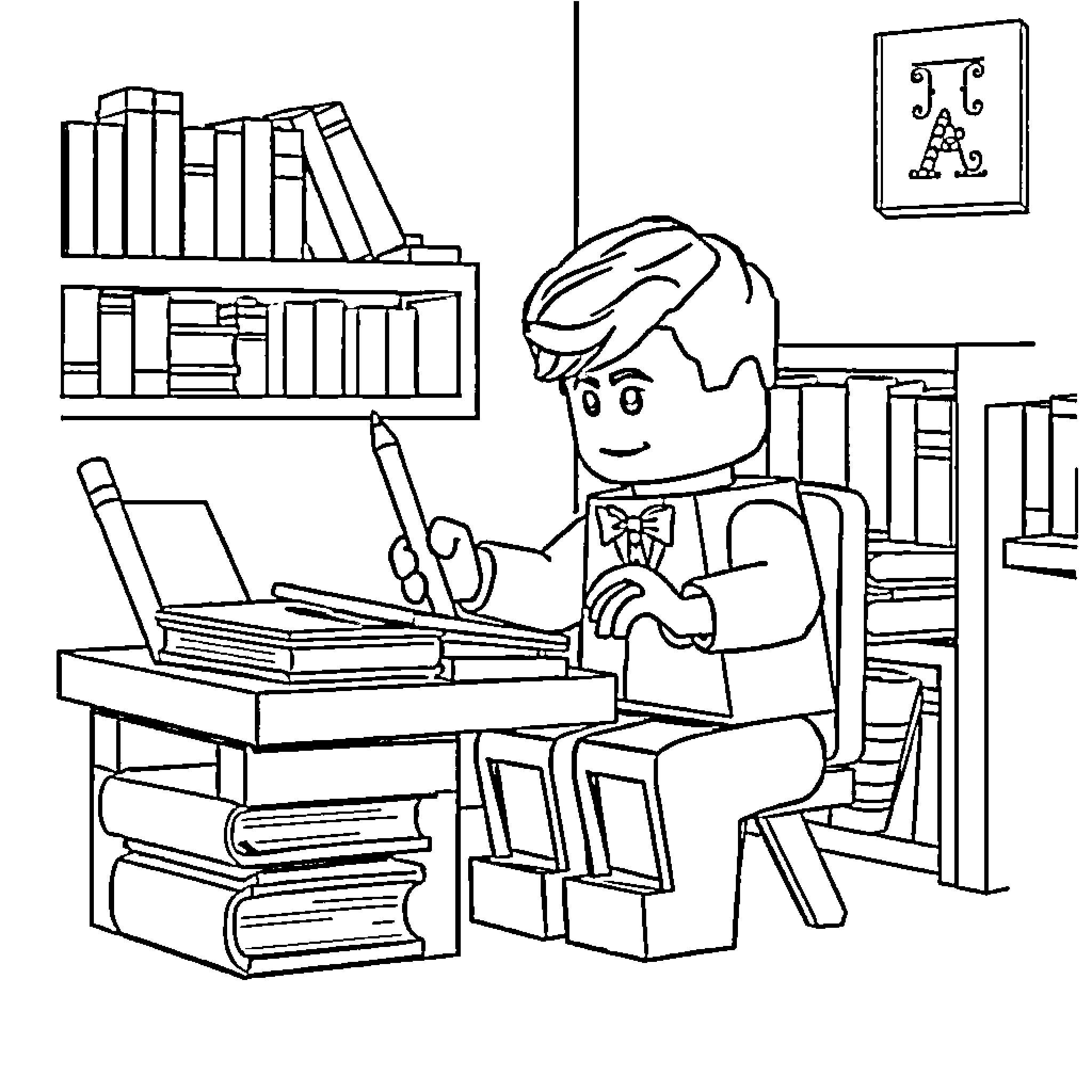 Lego Lloyd studying diligently at his desk Coloring Page (free black-and-white line drawing printable PDF for all, from beginners to advanced learners, including children, teens, adults, and seniors)