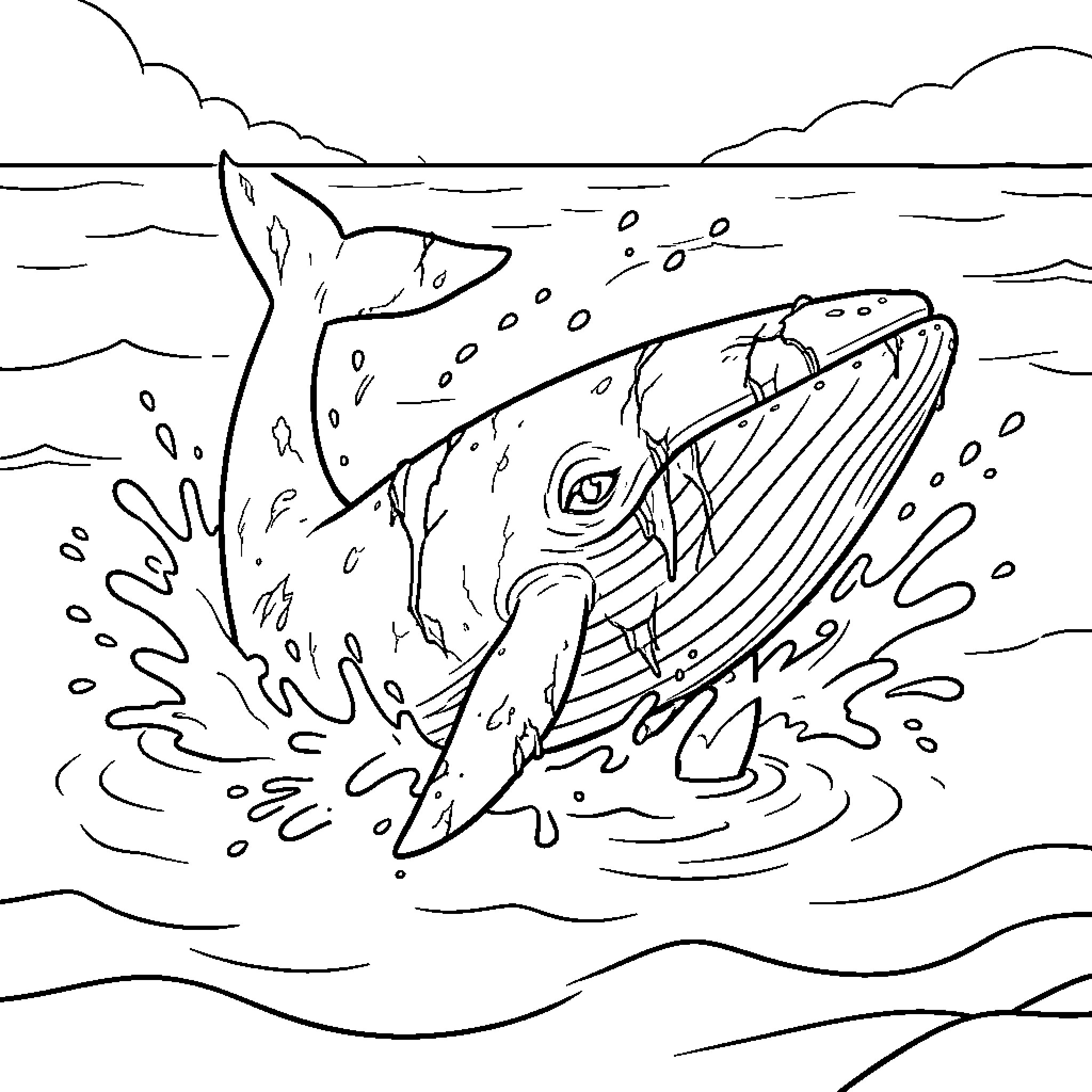 Whale breaching the ocean waves Coloring Page (free black-and-white line drawing printable PDF for all, from beginners to advanced learners, including children, teens, adults, and seniors)