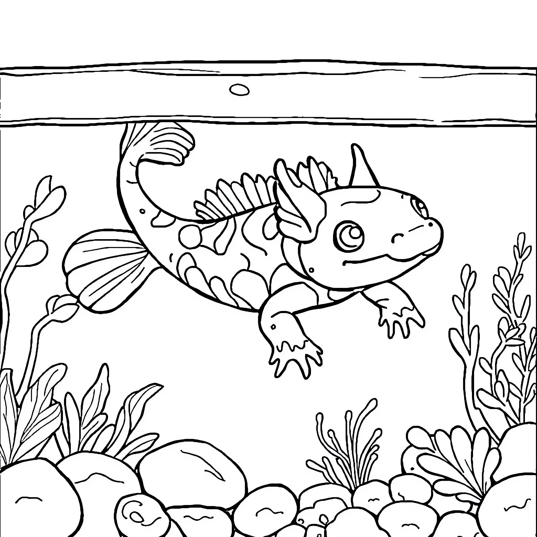 Axolotl swimming playfully in the underwater garden Coloring Page (free black-and-white line drawing printable PDF for all, from beginners to advanced learners, including children, teens, adults, and seniors)