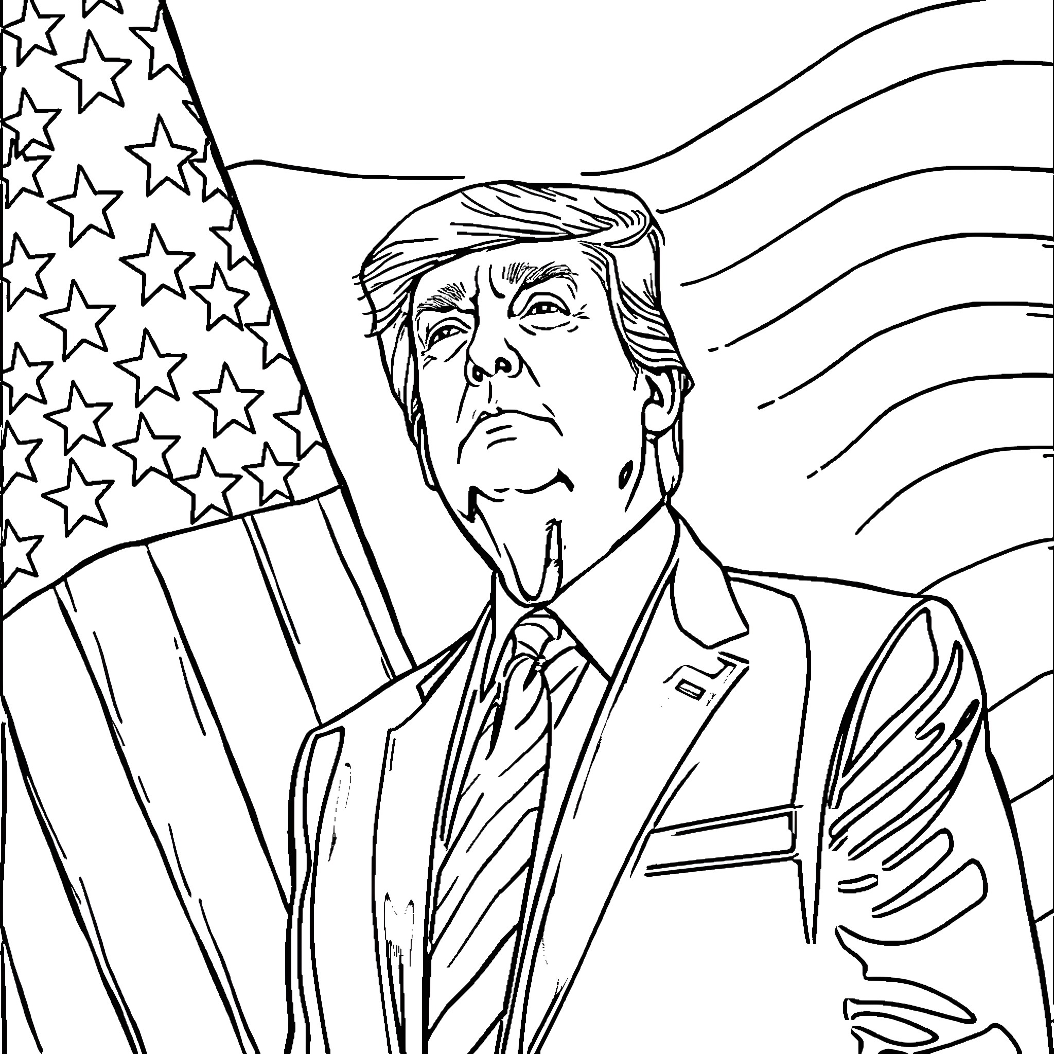 Trump Addressing the Nation with American Flag Coloring Page (free black-and-white line drawing printable PDF for all, from beginners to advanced learners, including children, teens, adults, and seniors)