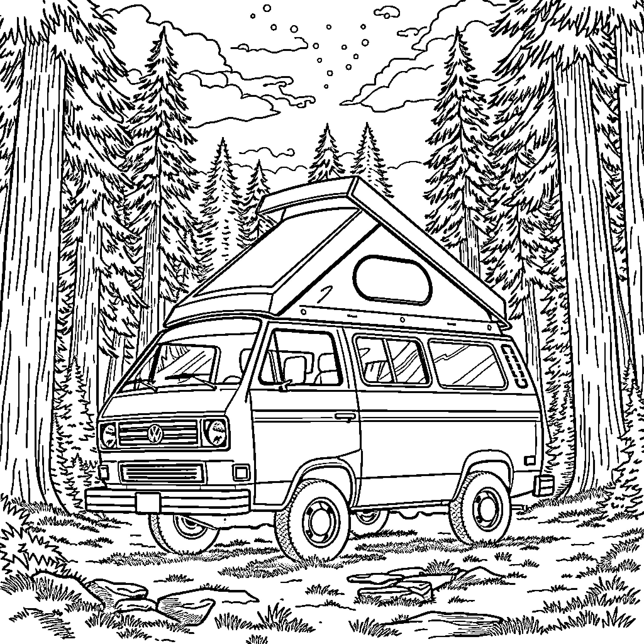 Volkswagen Vanagon in a snowy forest landscape Coloring Page (free black-and-white line drawing printable PDF for all, from beginners to advanced learners, including children, teens, adults, and seniors)