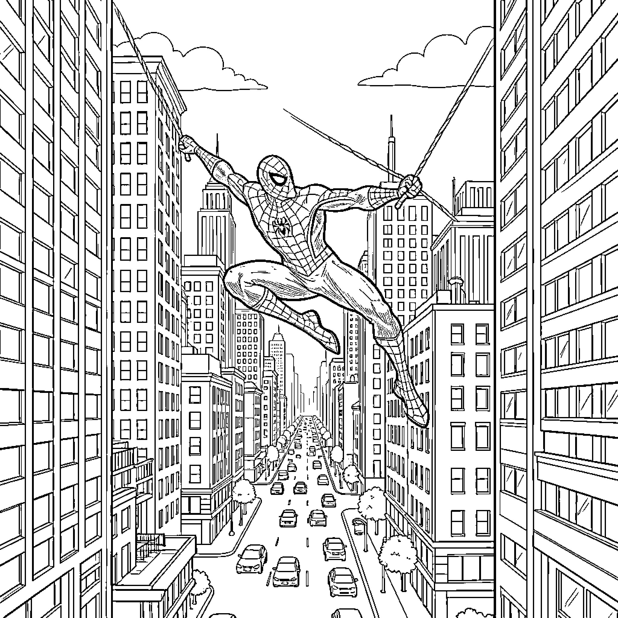 Spiderman swinging through the city skyscrapers Coloring Page (free black-and-white line drawing printable PDF for all, from beginners to advanced learners, including children, teens, adults, and seniors)