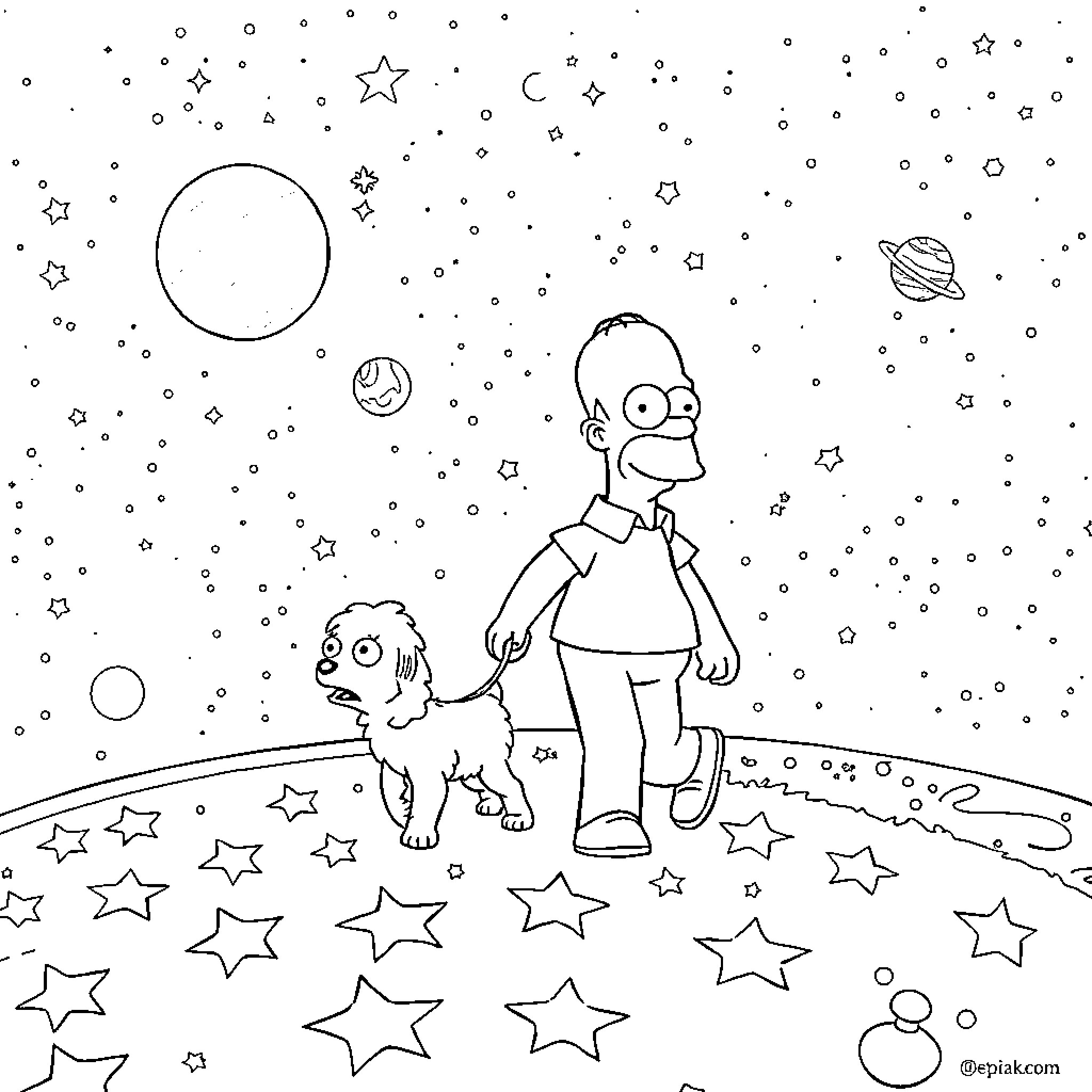 Homer's Celestial Stroll with Canine Companion Coloring Page (free black-and-white line drawing printable PDF for all, from beginners to advanced learners, including children, teens, adults, and seniors)