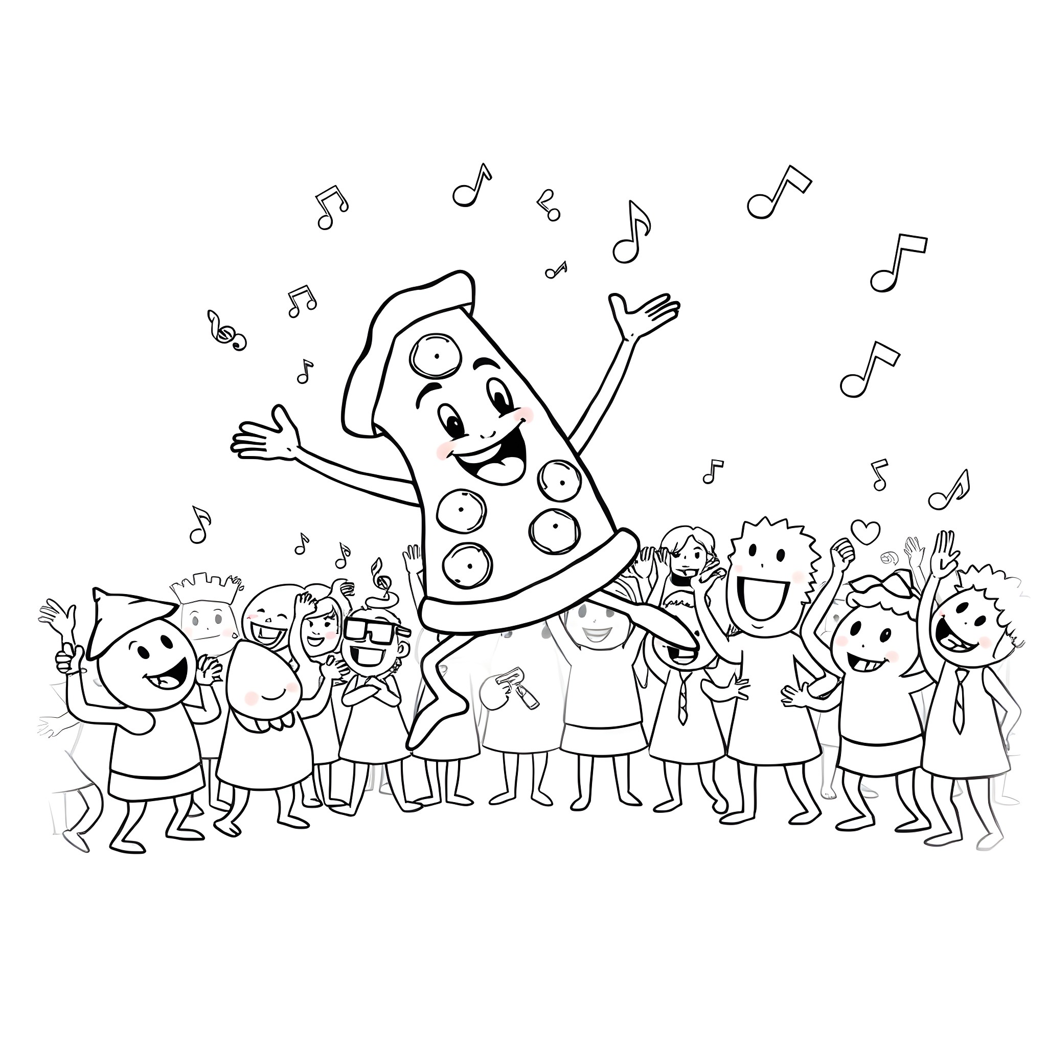 Pizza Party with Joyful Crowd of Children Coloring Page (free black-and-white line drawing printable PDF for all, from beginners to advanced learners, including children, teens, adults, and seniors)