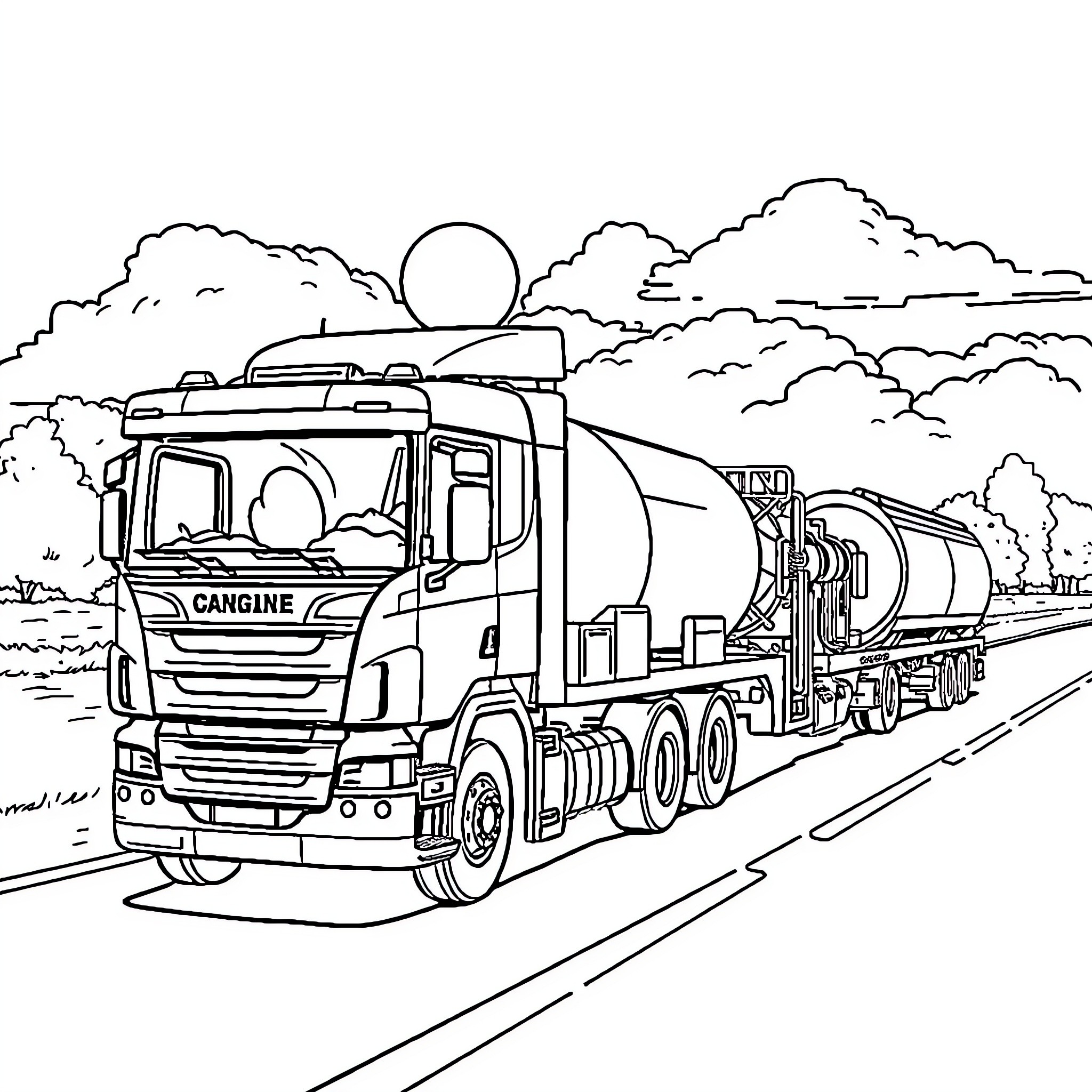 Tow Truck Transporting Cargo on Rural Highway Coloring Page (free black-and-white line drawing printable PDF for all, from beginners to advanced learners, including children, teens, adults, and seniors)