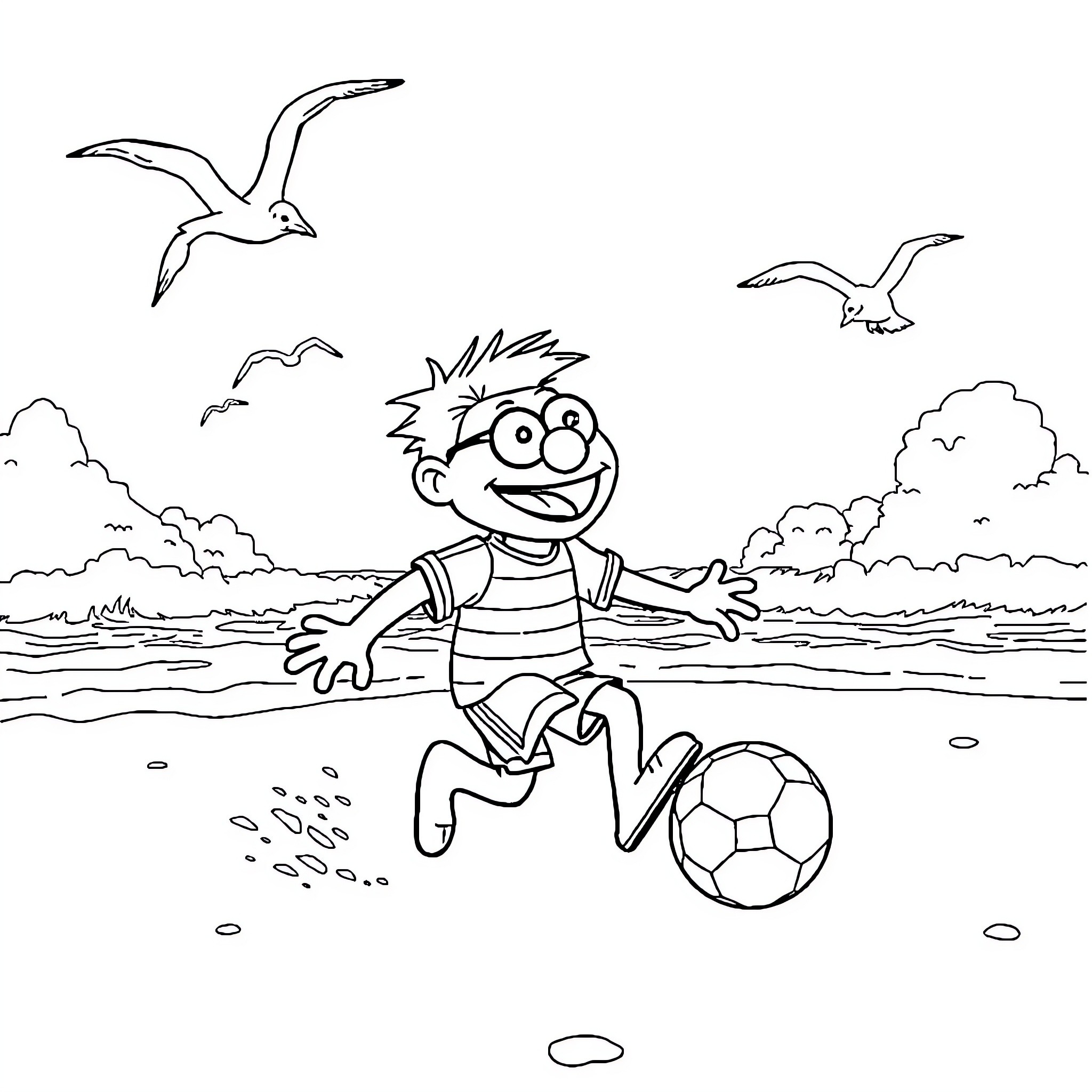 Gonzo's Playful Beach Adventure Coloring Page (free black-and-white line drawing printable PDF for all, from beginners to advanced learners, including children, teens, adults, and seniors)