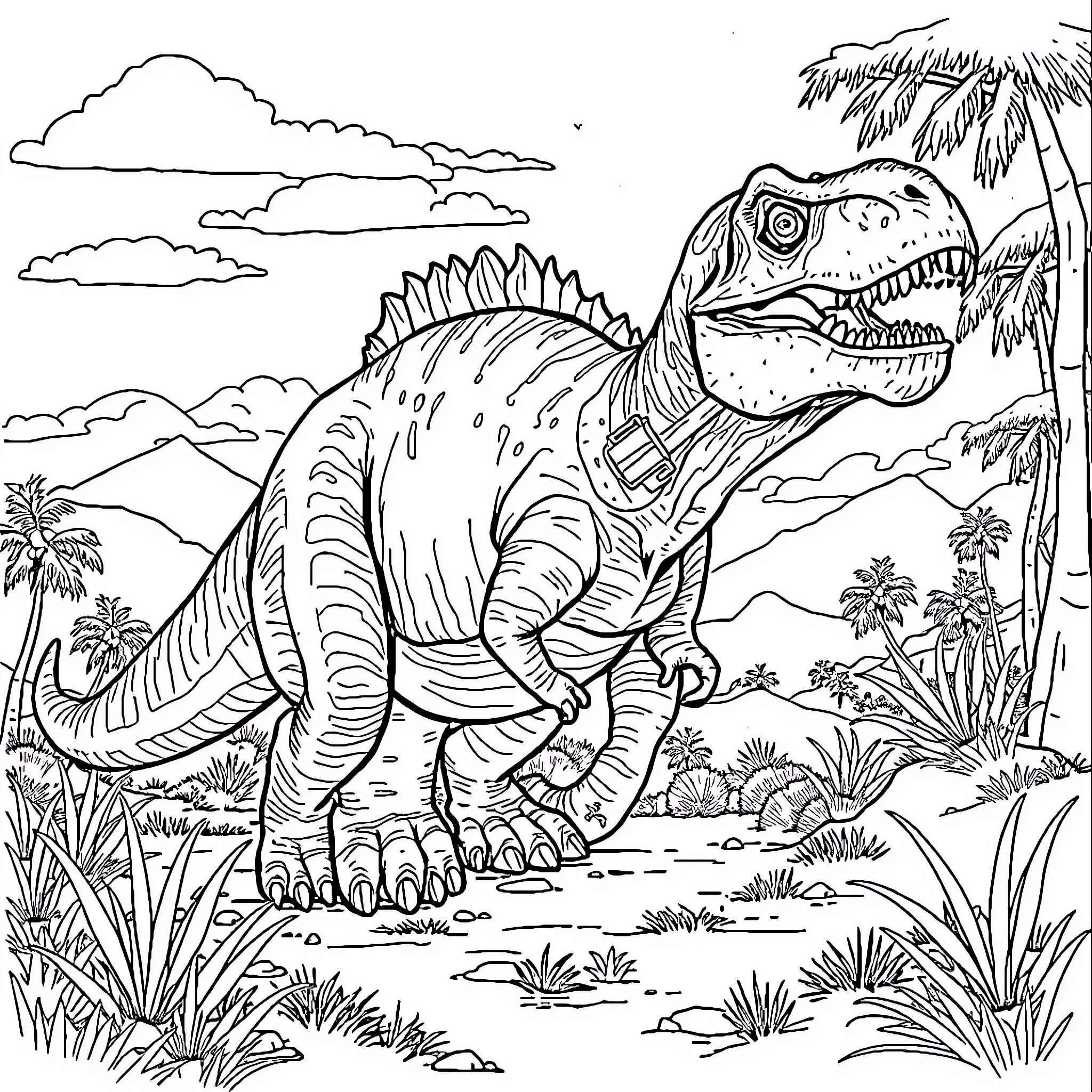 Dinosaur roaming through the prehistoric landscape Coloring Page (free black-and-white line drawing printable PDF for all, from beginners to advanced learners, including children, teens, adults, and seniors)
