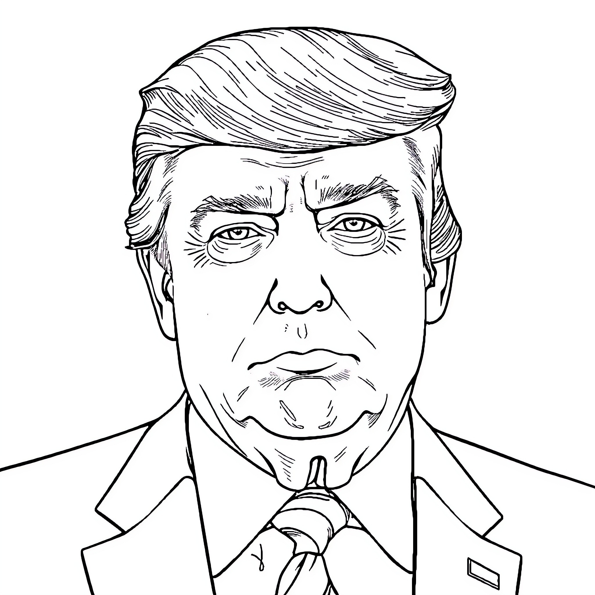 Donald Trump's Serious Expression in Formal Portrait Coloring Page (free black-and-white line drawing printable PDF for all, from beginners to advanced learners, including children, teens, adults, and seniors)