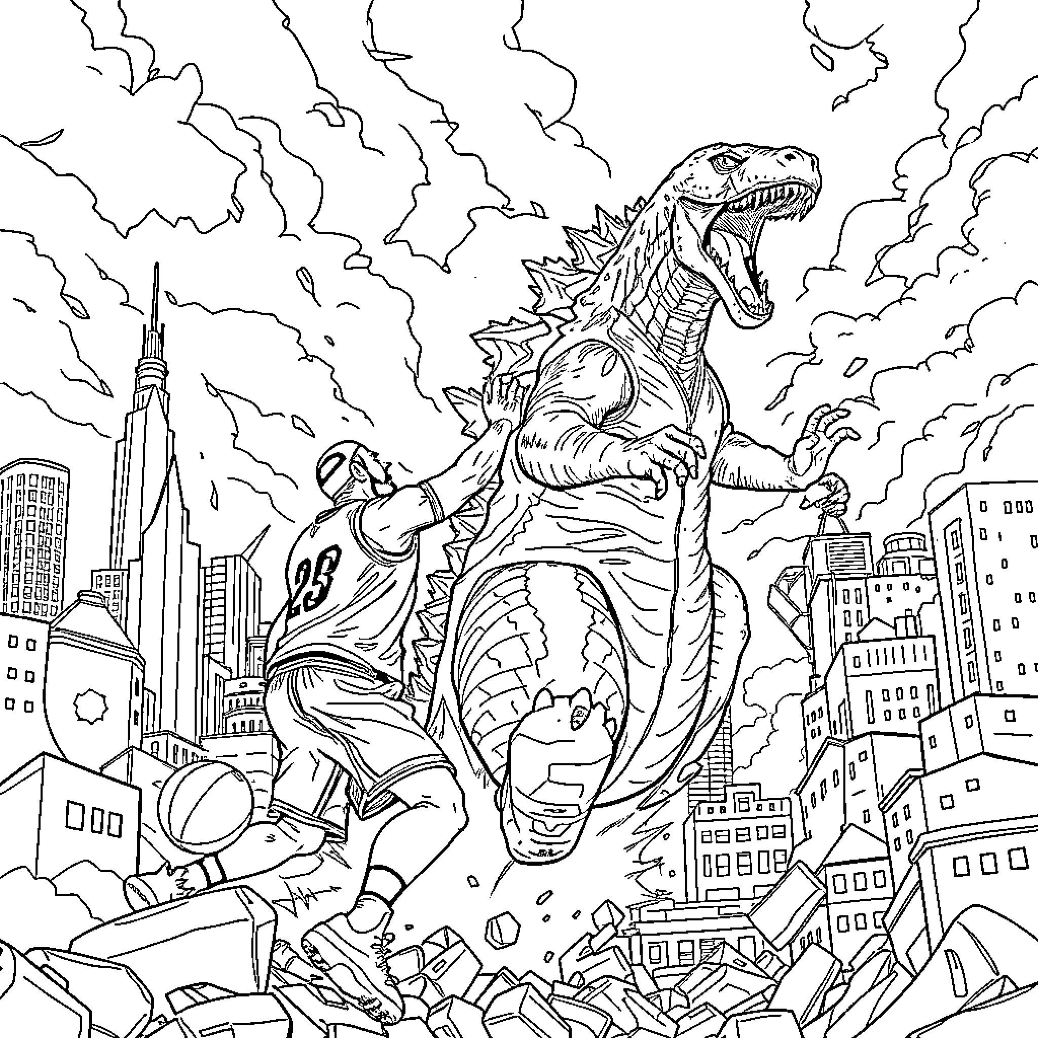 LeBron Battles Giant Dinosaur in Ruined City Coloring Page (free black-and-white line drawing printable PDF for all, from beginners to advanced learners, including children, teens, adults, and seniors)
