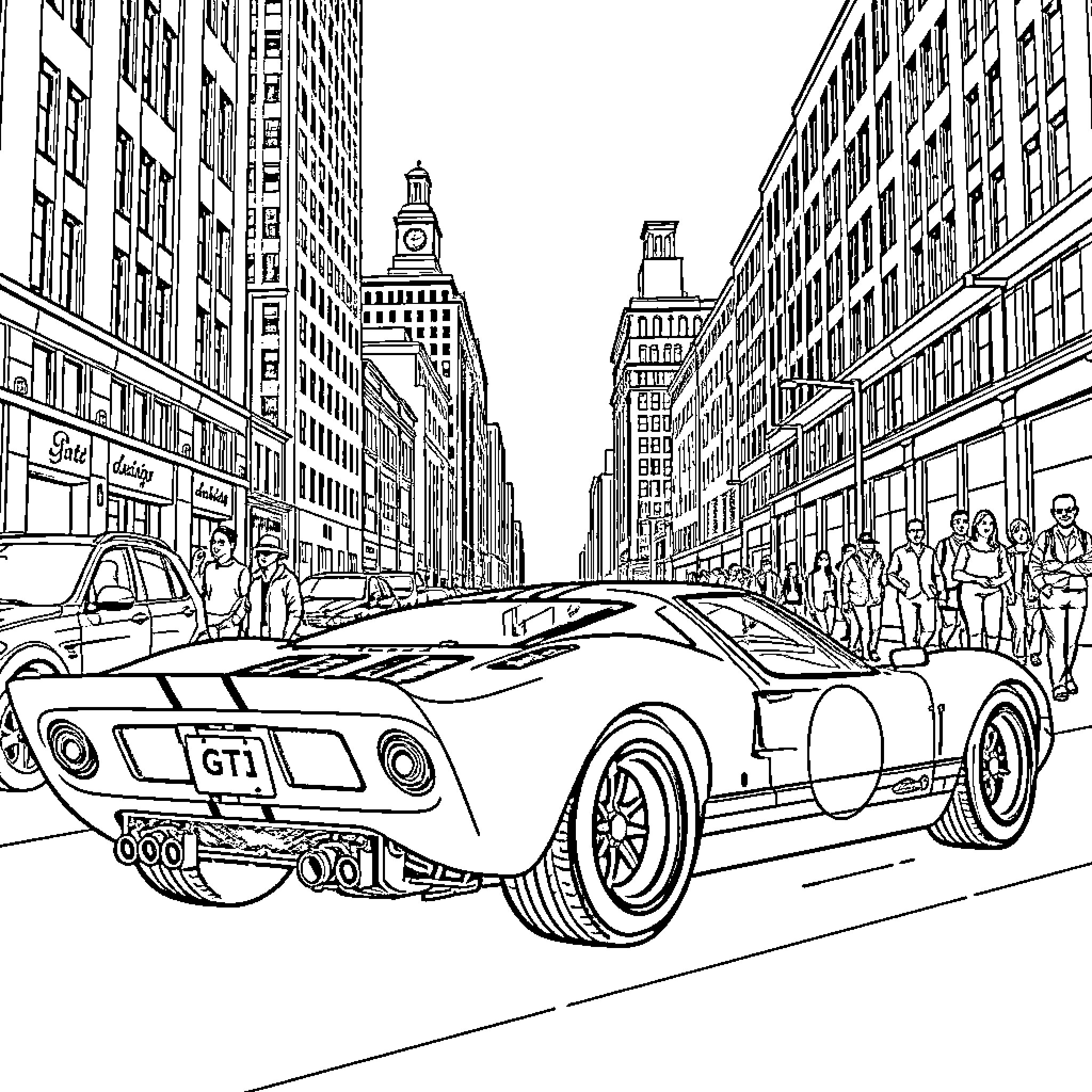Ford GT40 racing through bustling city streets Coloring Page (free black-and-white line drawing printable PDF for all, from beginners to advanced learners, including children, teens, adults, and seniors)
