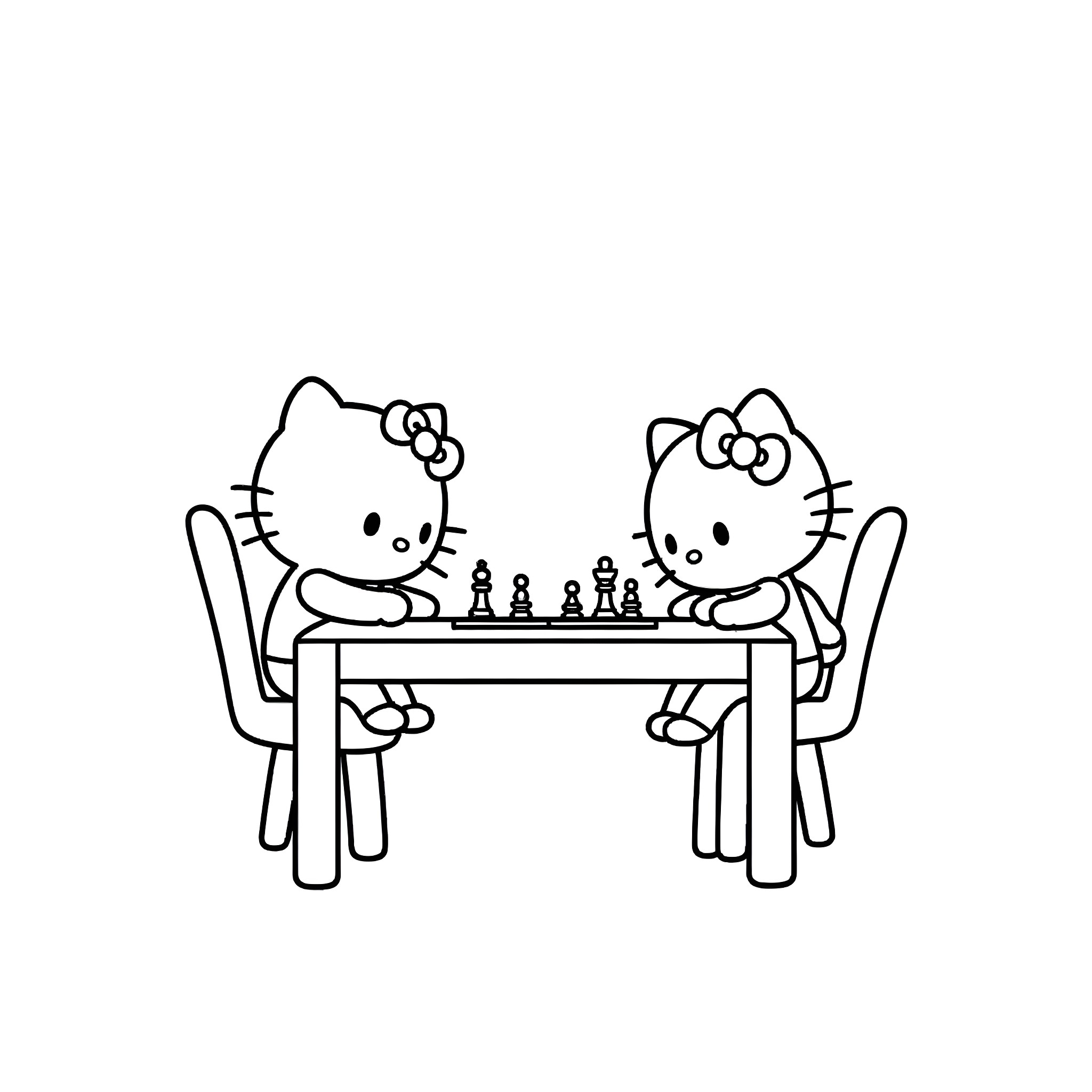 Hello Kitty playing chess with friends Coloring Page (free black-and-white line drawing printable PDF for all, from beginners to advanced learners, including children, teens, adults, and seniors)