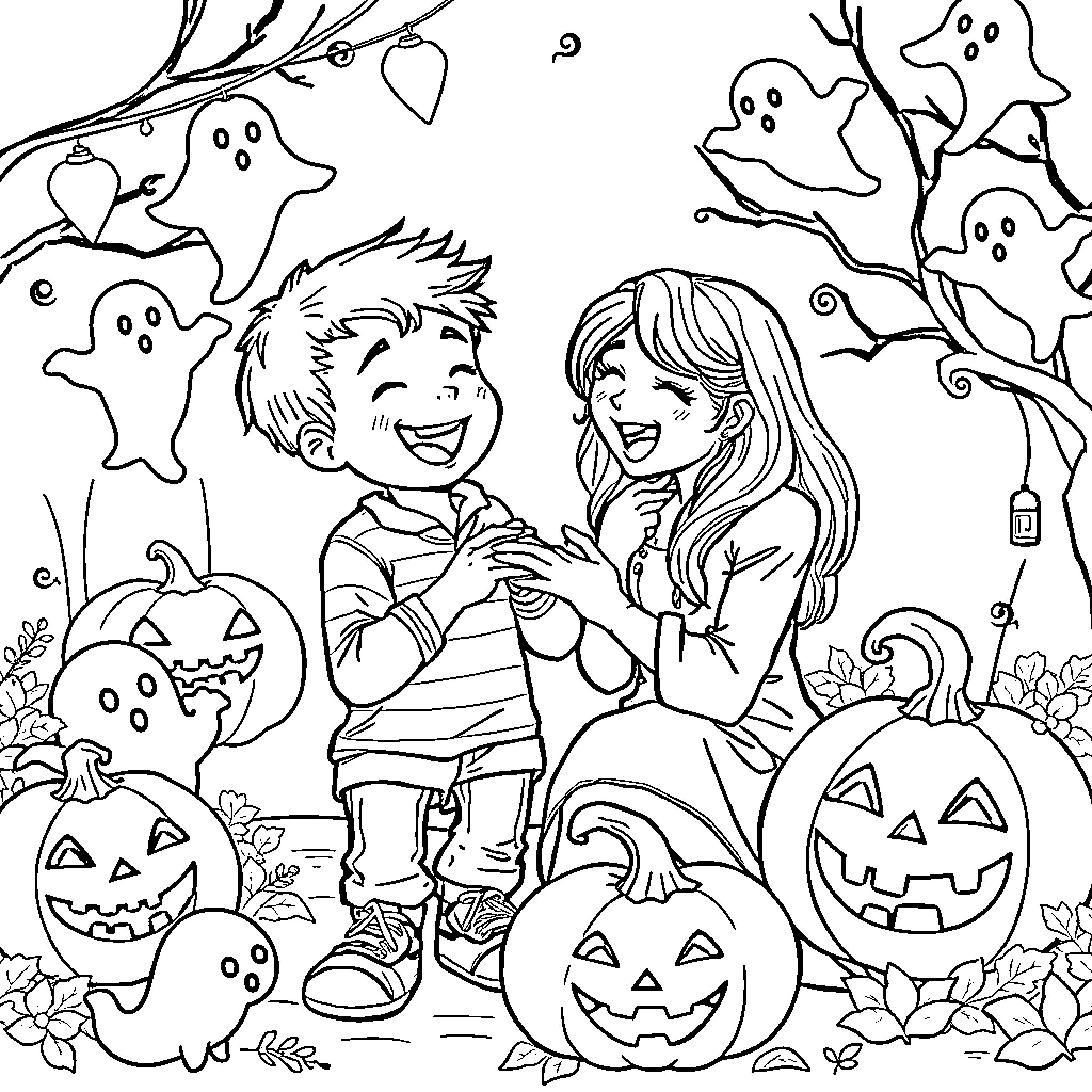 Son and Daughter Celebrating Halloween with Ghosts Coloring Page (free black-and-white line drawing printable PDF for all, from beginners to advanced learners, including children, teens, adults, and seniors)