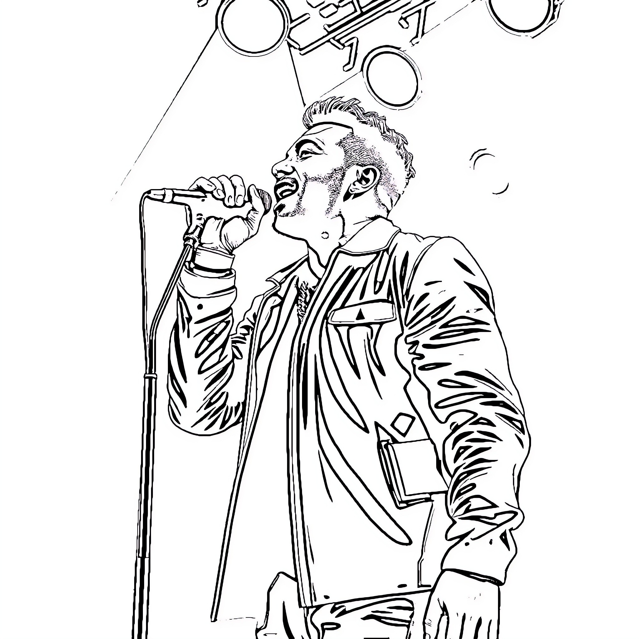 Maluma performing on stage with microphone Coloring Page (free black-and-white line drawing printable PDF for all, from beginners to advanced learners, including children, teens, adults, and seniors)