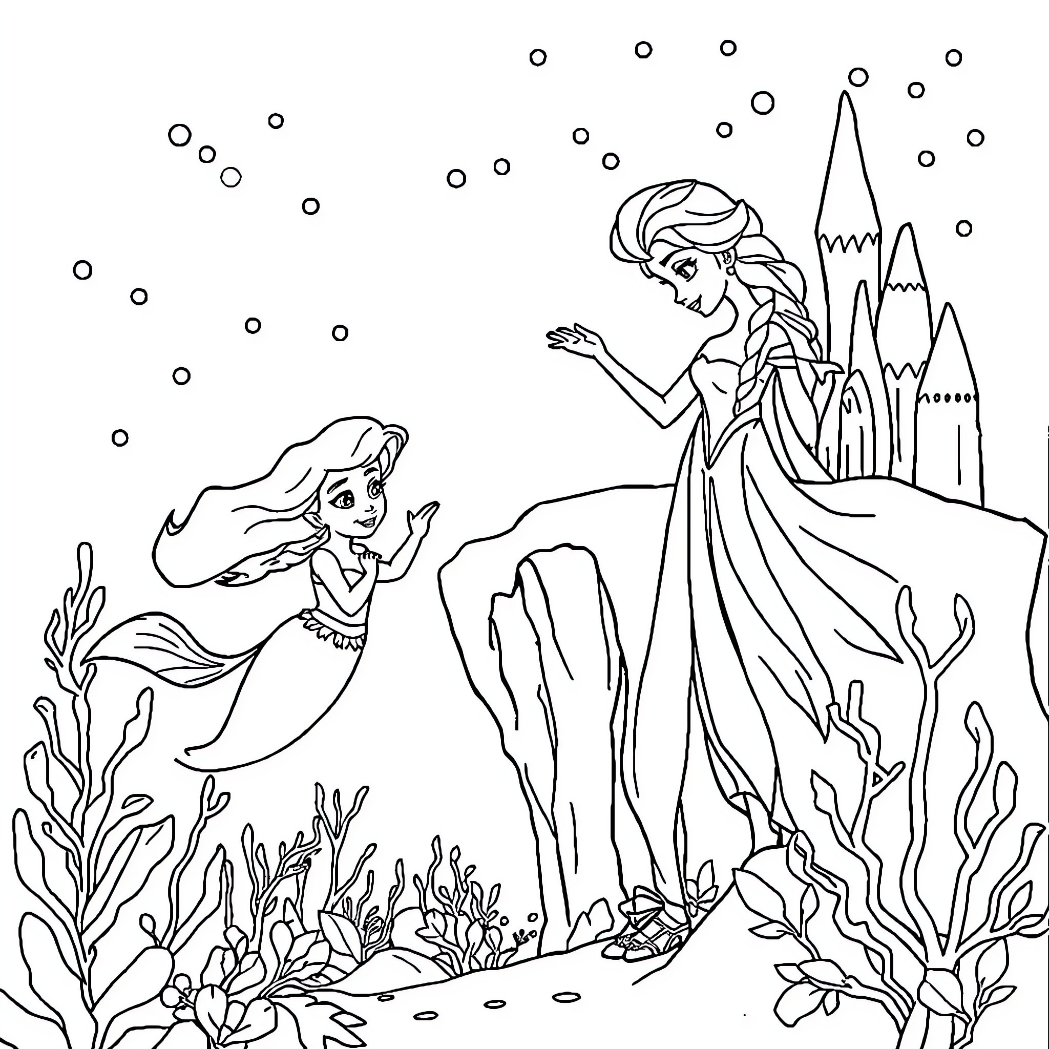 Mermaid sisters exploring the underwater kingdom Coloring Page (free black-and-white line drawing printable PDF for all, from beginners to advanced learners, including children, teens, adults, and seniors)