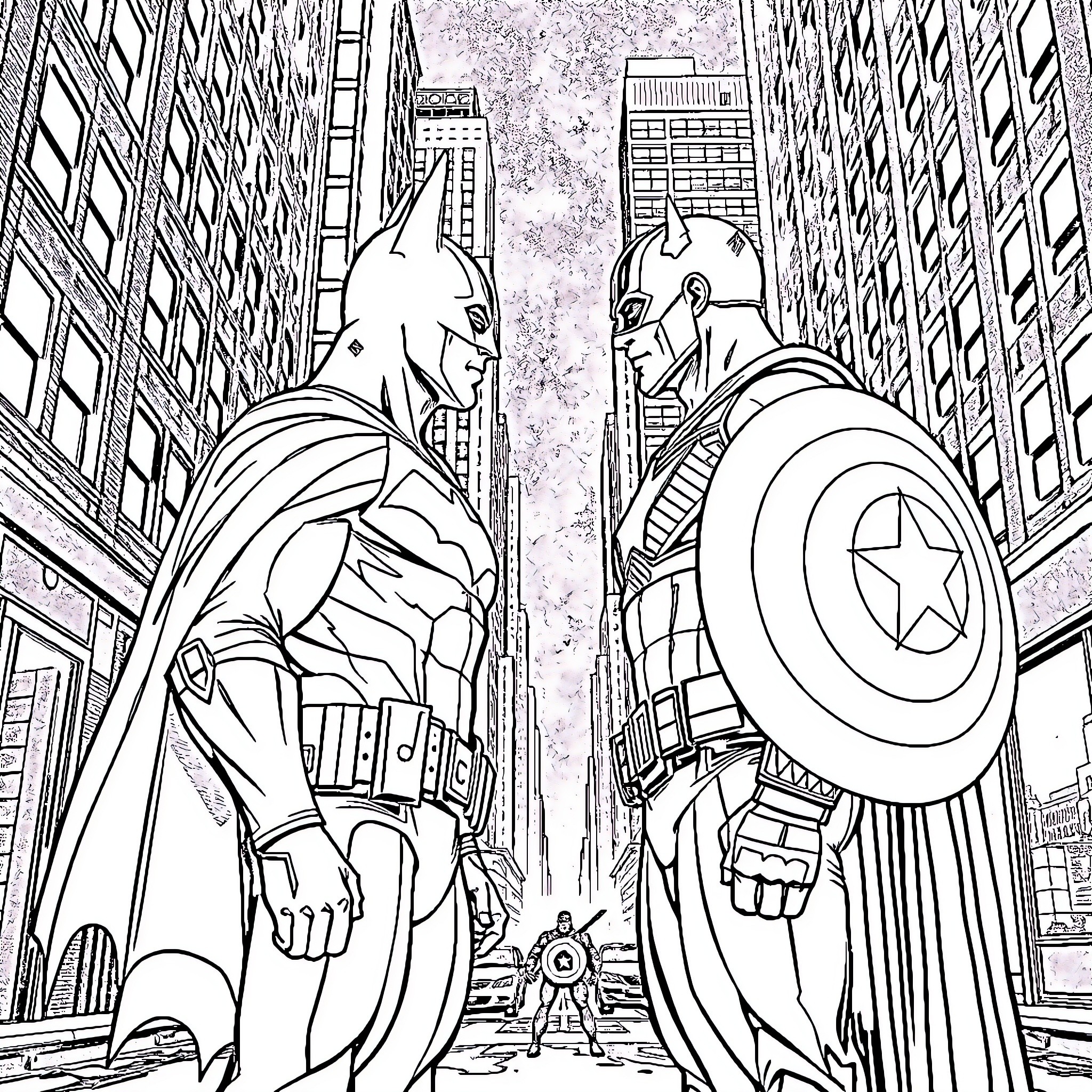 Batman and Captain America Heroic Alliance in City Coloring Page (free black-and-white line drawing printable PDF for all, from beginners to advanced learners, including children, teens, adults, and seniors)