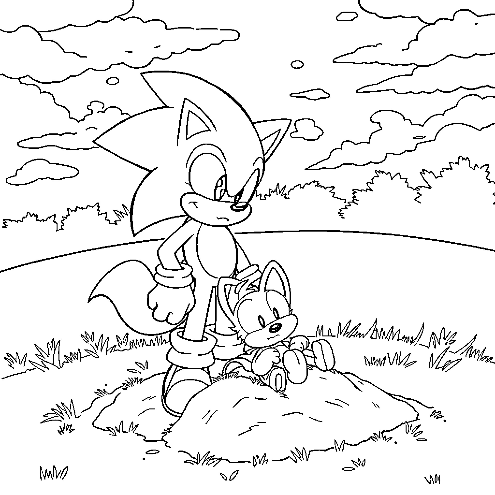 Sonic's Relaxing Outdoor Adventure with Sidekick Coloring Page (free black-and-white line drawing printable PDF for all, from beginners to advanced learners, including children, teens, adults, and seniors)